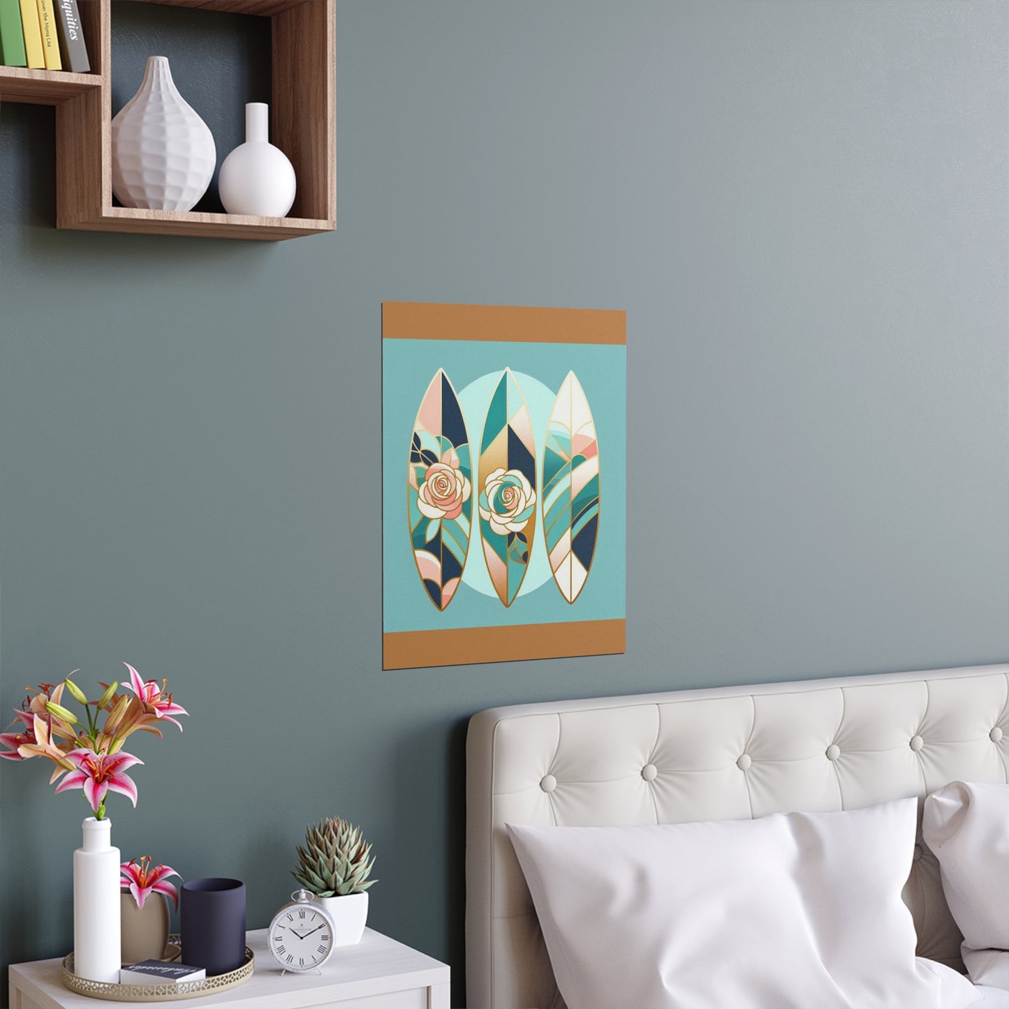 Elegant Floral Silk Poster - Indoor/Outdoor Wall Art for Home Decor - Blue, Pink & Aqua Surfboard & Roses