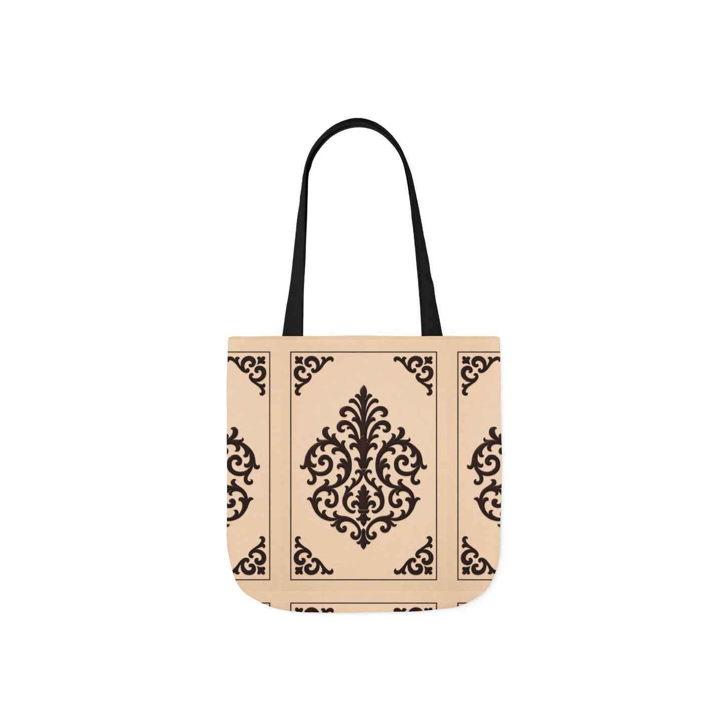 Almond-Beige & Brown Baroque Canvas Tote Bag — Elegant Vintage Pattern Beach & Market Bag