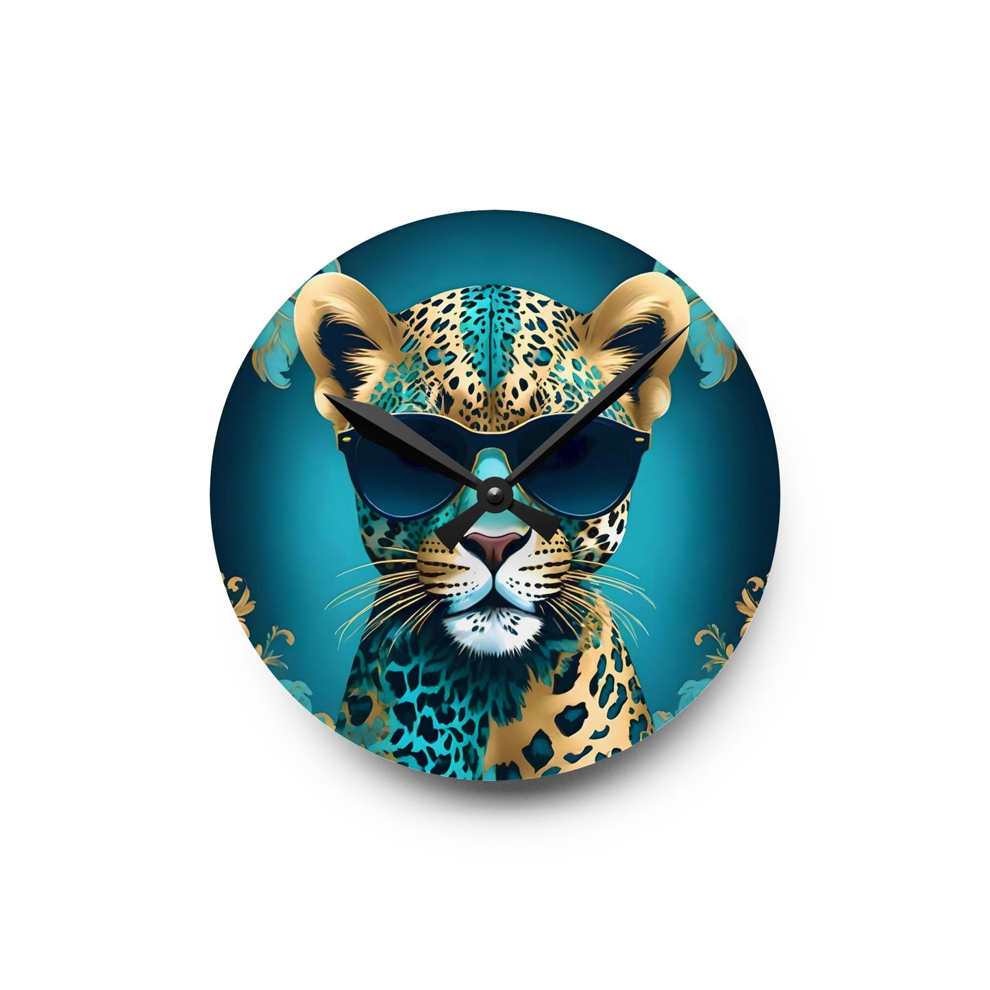 Animal Lover Wall Clock - Aqua & Gold Leopard In Shades - Fun & Elegant Art Design