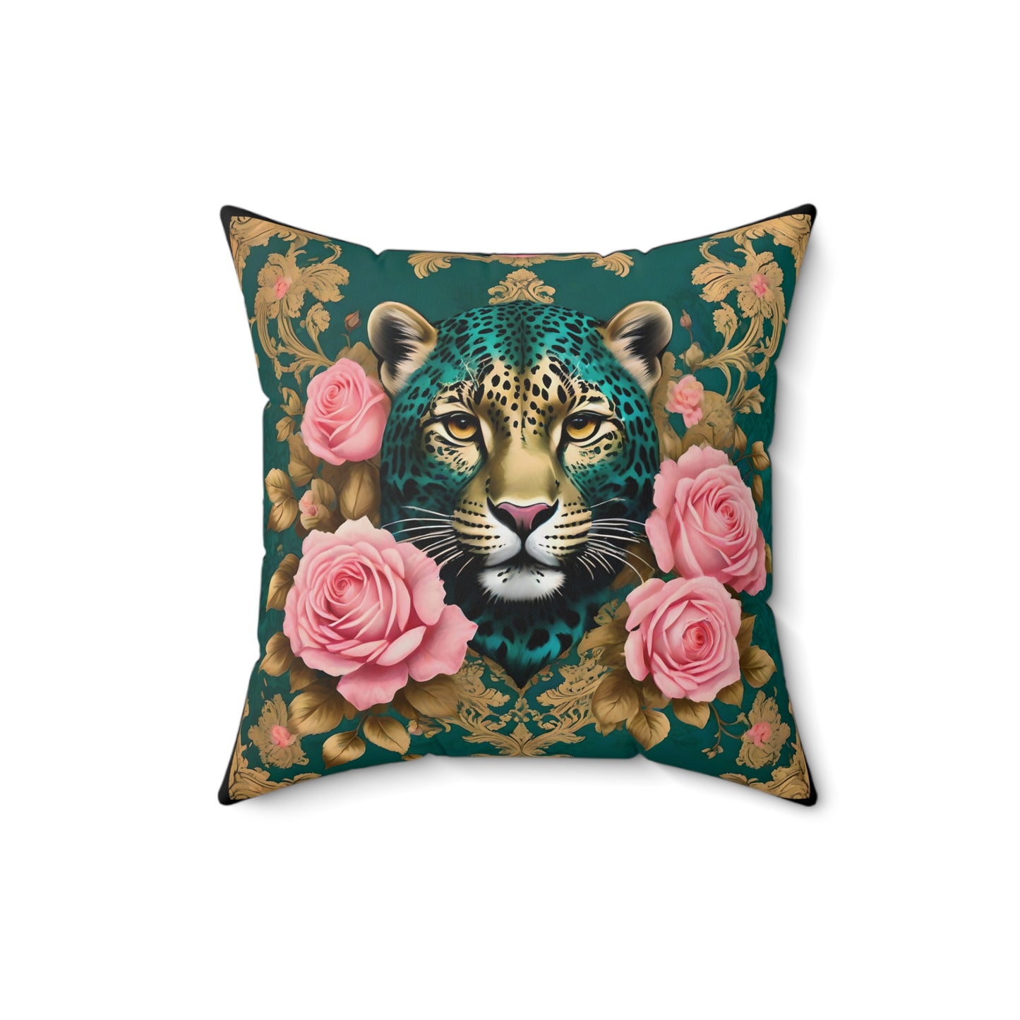 Floral Leopard Print Pillow, Decorative Cushion for Living Room - Teal Leopard