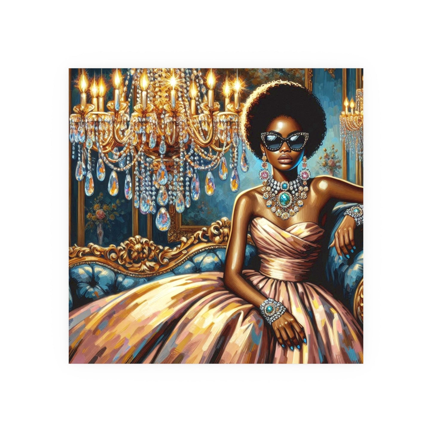 Elegant Glamour Satin Poster, Wall Art Decor, Modern Home Gallery, Gift for Art Lovers, Chic Interior Decoration - Elegant Lady & Chandelier