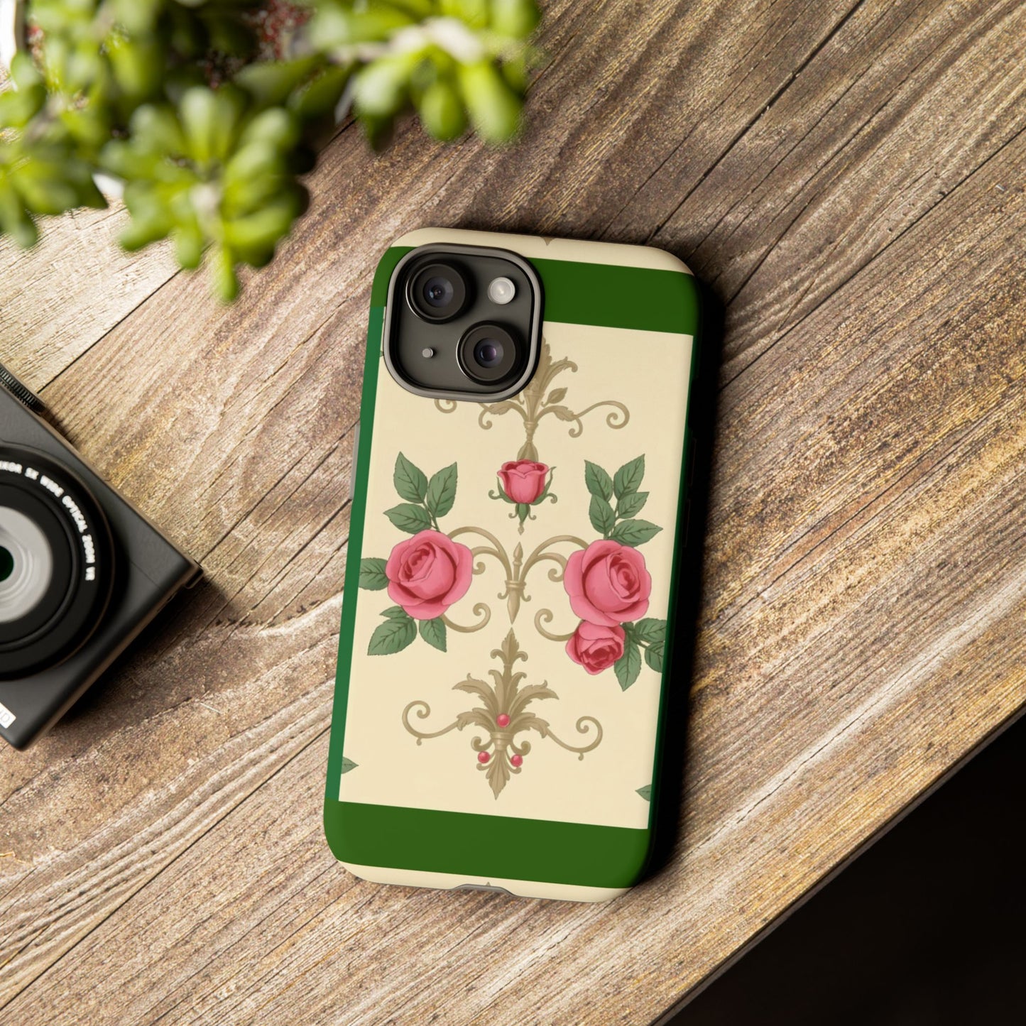 Elegant Floral Motif Phone Case - Tough Cases with Vintage Design - Green Border Roses & Damask