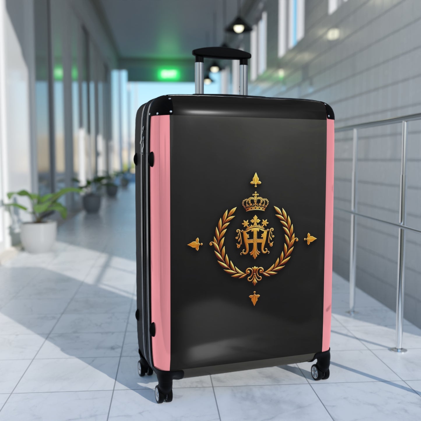 Regal Crown Suitcase, Stylish Travel Luggage, Vacation Essentials, Personalized Carry-On, Unique Gift for Travelers - Pink Striped Gold Crest