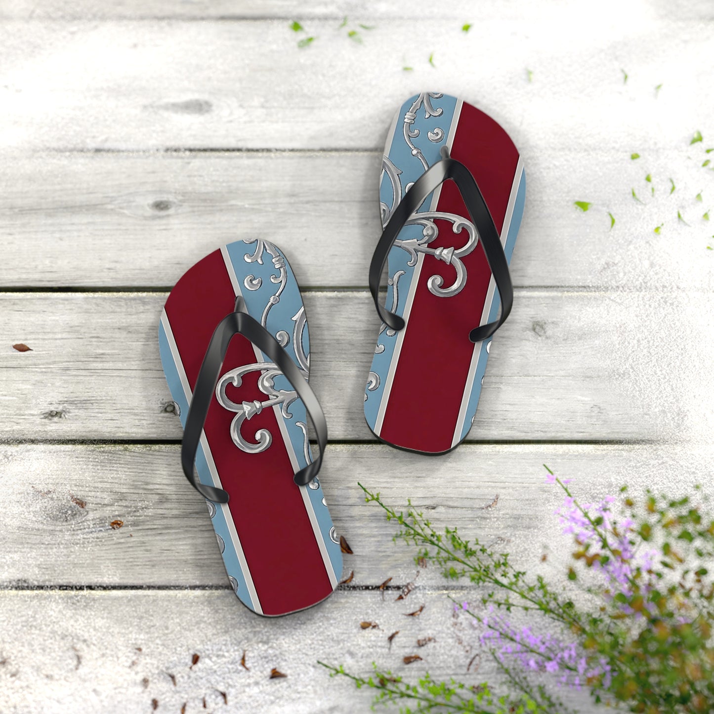 Elegant Vintage Flip Flops - Stylish Summer Footwear with Classic Design - Ice Blue & Burgundy Striped Baroque