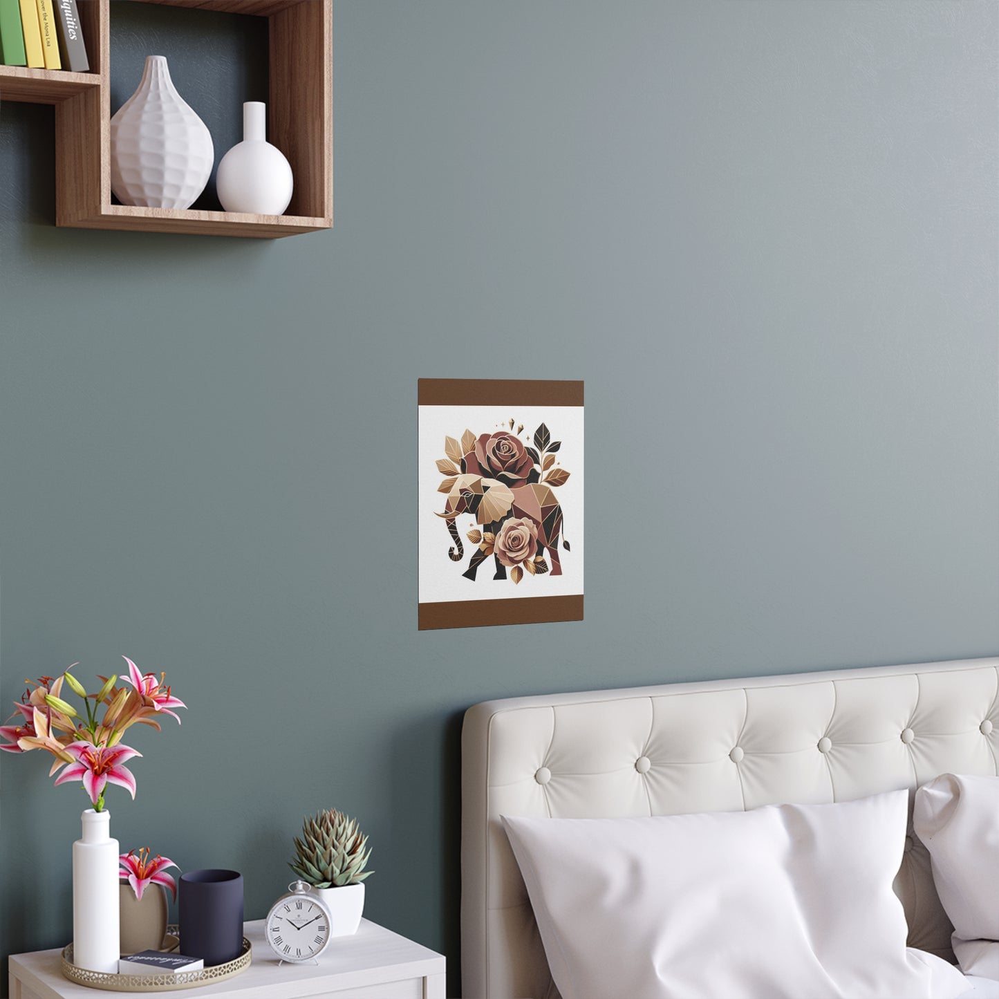Elegant Floral Silk Poster - Indoor/Outdoor Wall Art for Home Decor - Brown & Gold Elephant & Roses