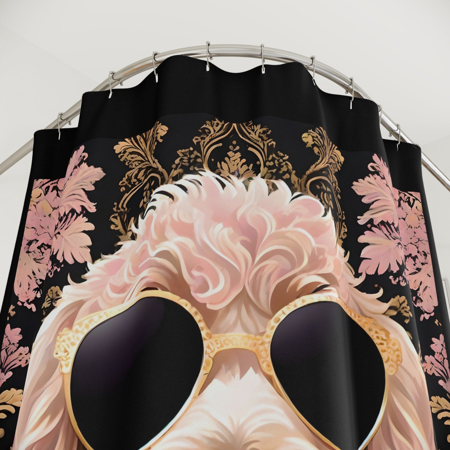 Shower Curtains - Elegant Vintage Floral with Golden Doodle In Sunglasses Design