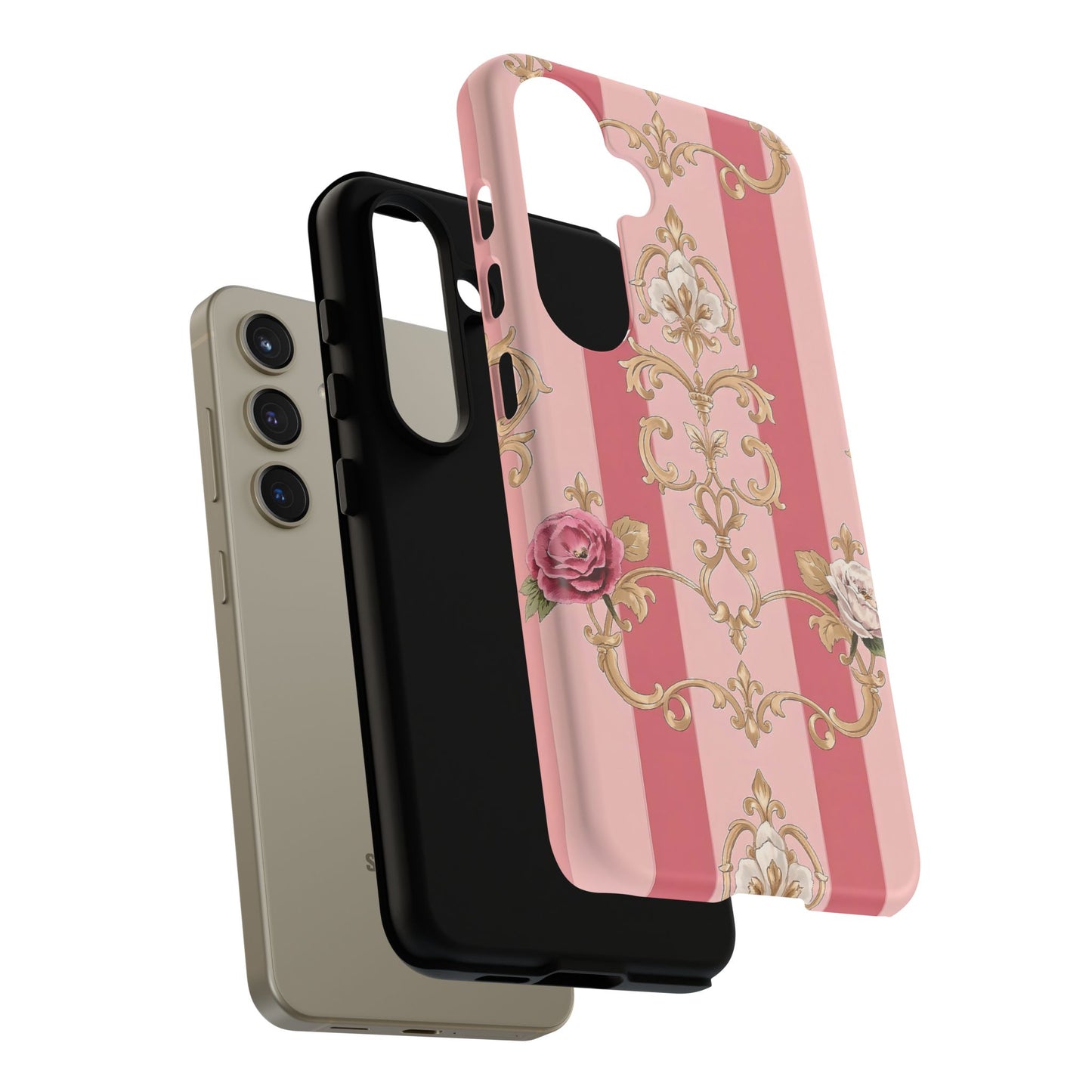 Elegant Floral Motif Phone Case - Tough Cases with Vintage Design - Pink Striped Roses & Damask