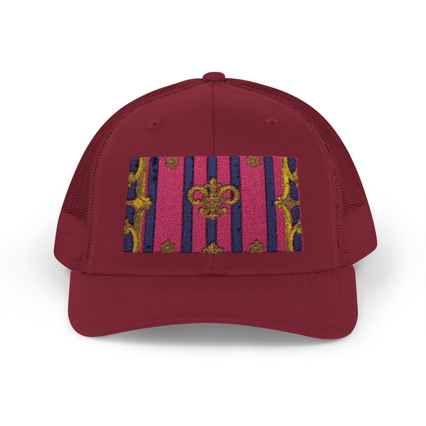 Vibrant Snapback Trucker Cap, Stylish Outdoor Hat, Trendy Fashion Accessory, Gift for Him or Her - Pink Striped Gold Baroque