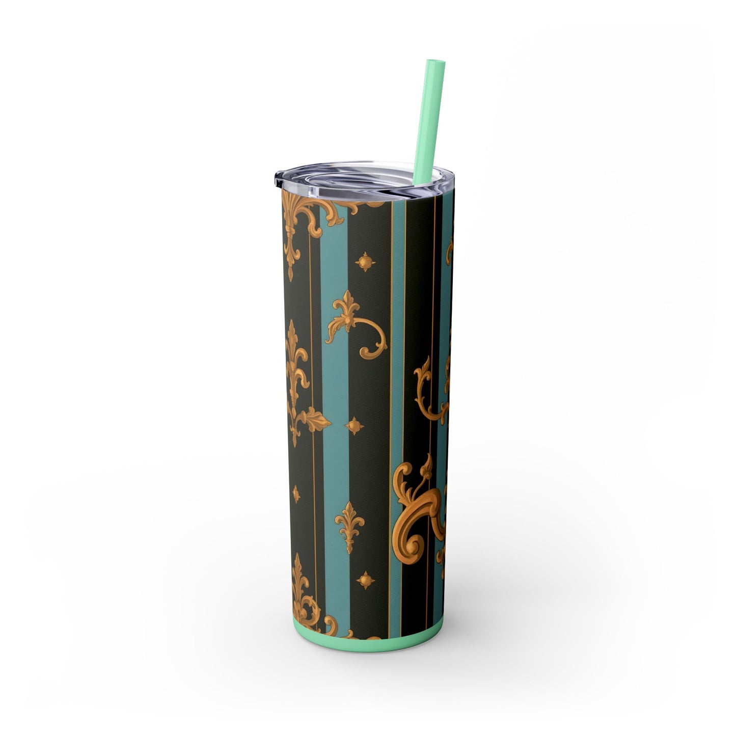 Elegant Vintage Skinny Tumbler with Straw, 20oz | Gold Floral Pattern, Reusable Drinkware, Perfect for Home - Black & Turquoise Striped Baroque