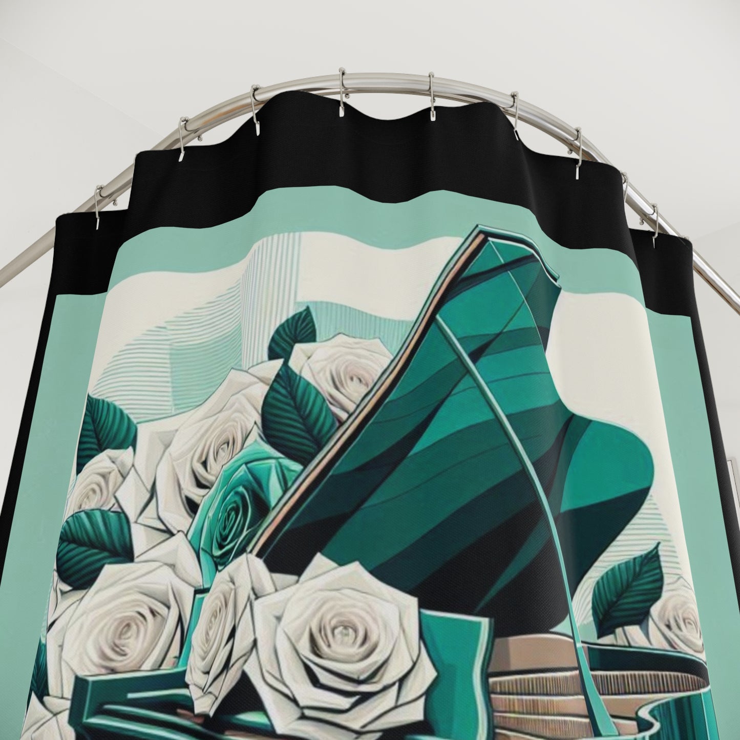 Elegant Aqua Piano Roses Shower Curtain - Stylish Bathroom Decor for Music Lovers