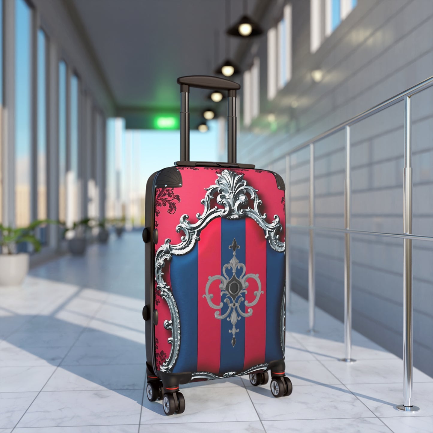 Elegant Travel Suitcase, Lightweight Luggage, Stylish Carry-On, Perfect for Vacation, Unique Gift for Travelers - Blue & Red Striped Silver Crest