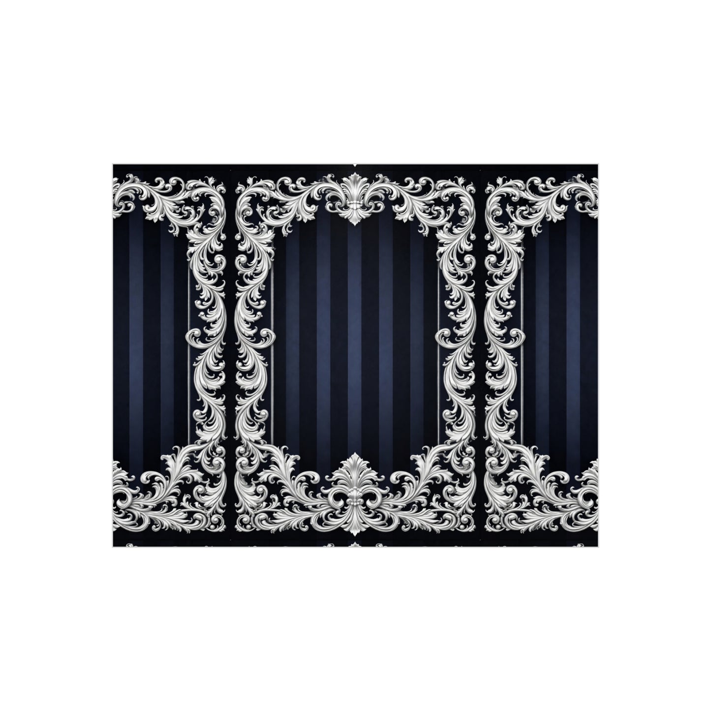 Navy Stripes & Baroque Foam Board Backdrop — Ornate Silver Scroll Panel