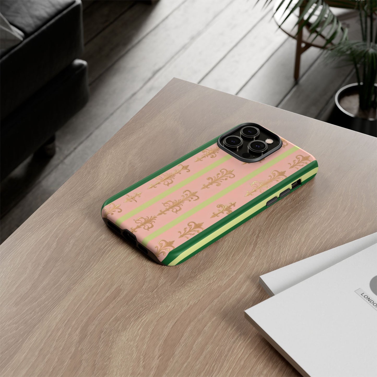 Elegant Floral Motif Phone Case - Tough Cases with Vintage Design - Lime Green & Pink Striped Damask