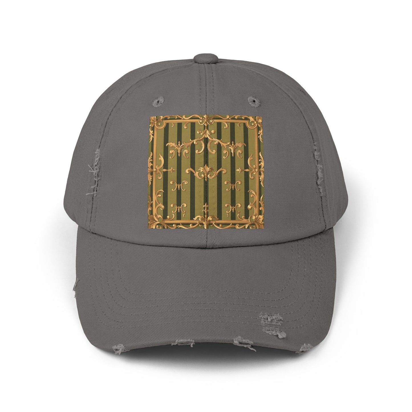 Vintage Distressed Cap with Elegant Gold Design, Fashionable Unisex Hat for Casual Outings - Olive Green Striped Rococo