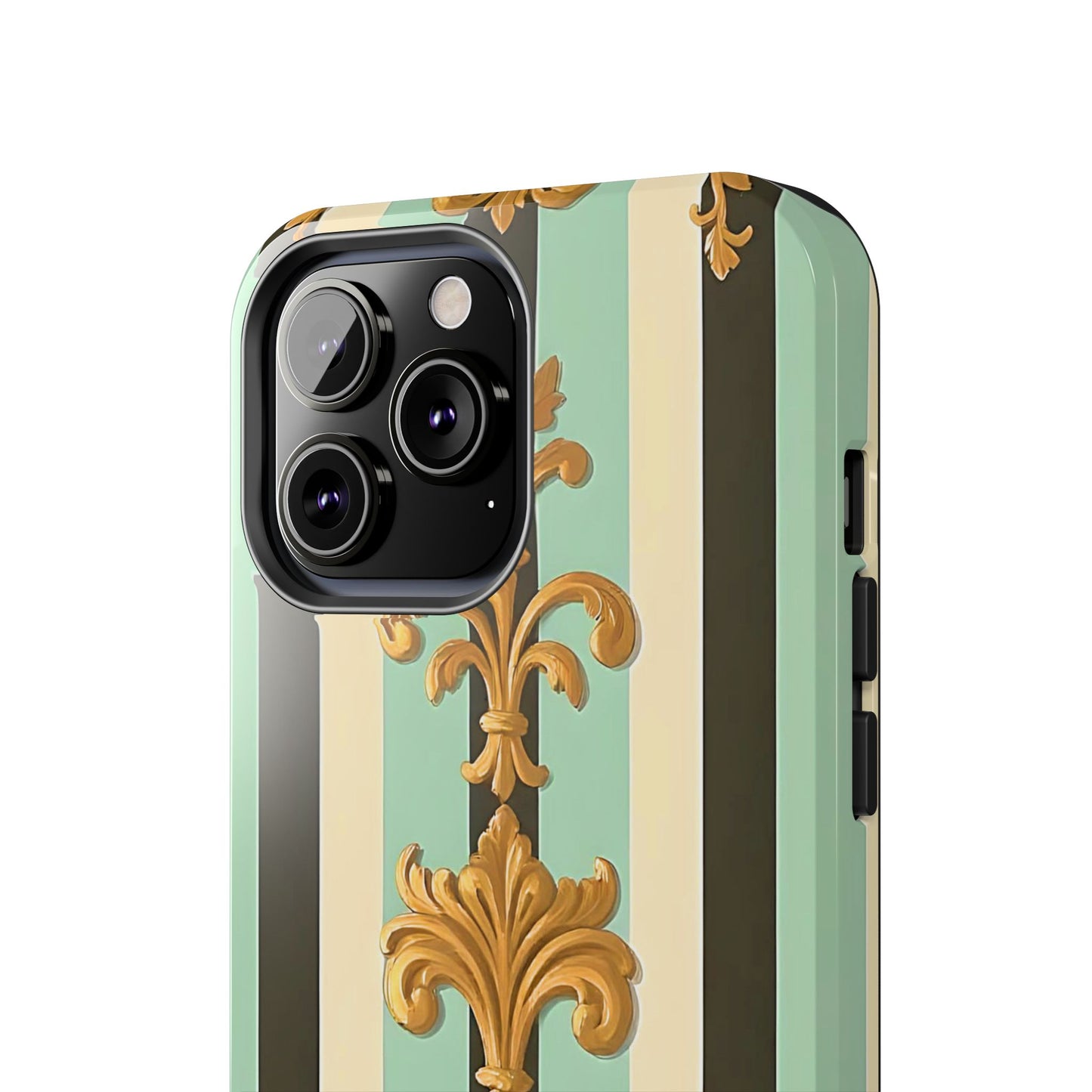 Elegant Floral Tough Phone Cases - Stylish Protection for All Occasions, Gifts for Her, Phone Covers - Black & Matte Mint Striped Rococo