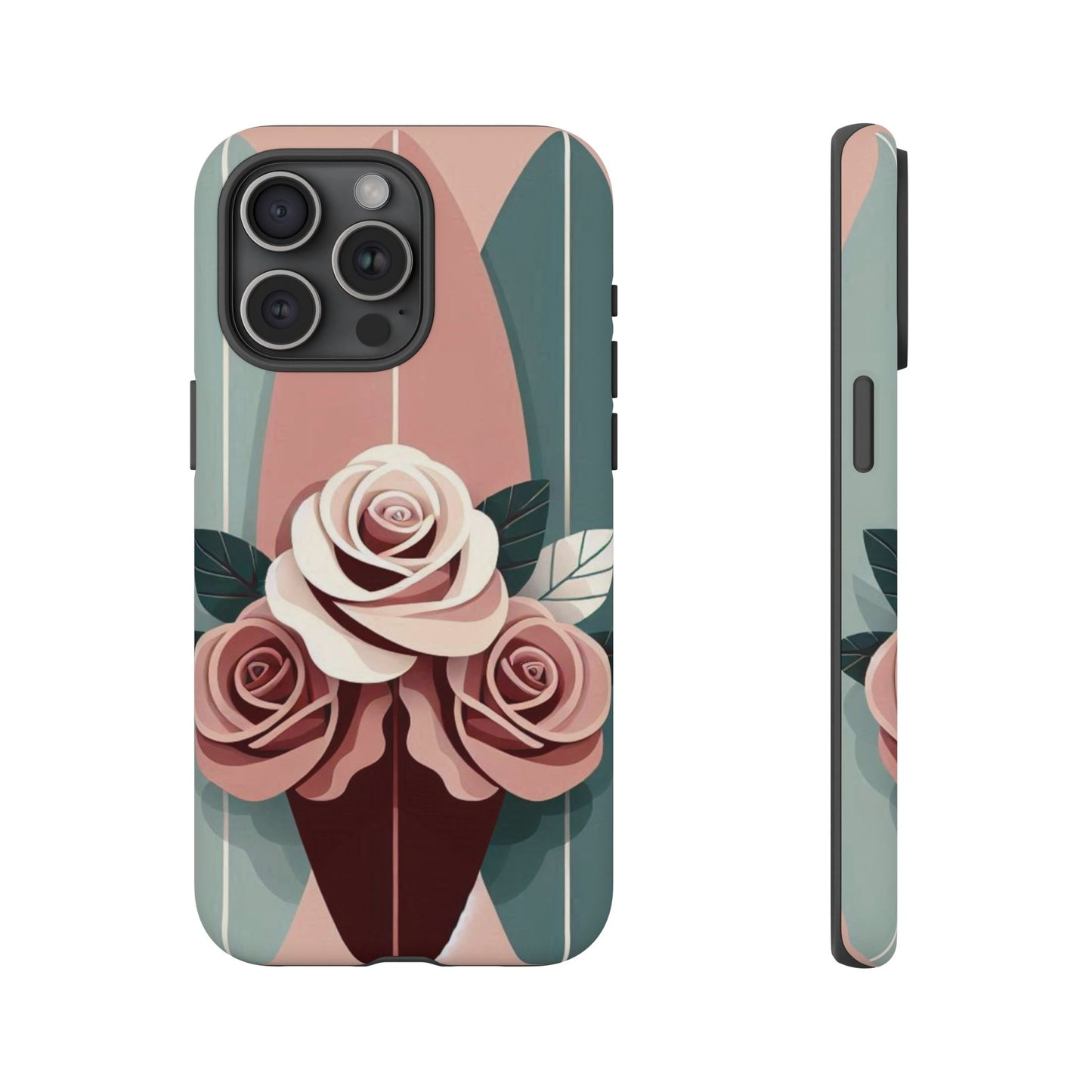 Phone Case - Burgundy, Matte Mauve & Teal Surfboard & Roses Design