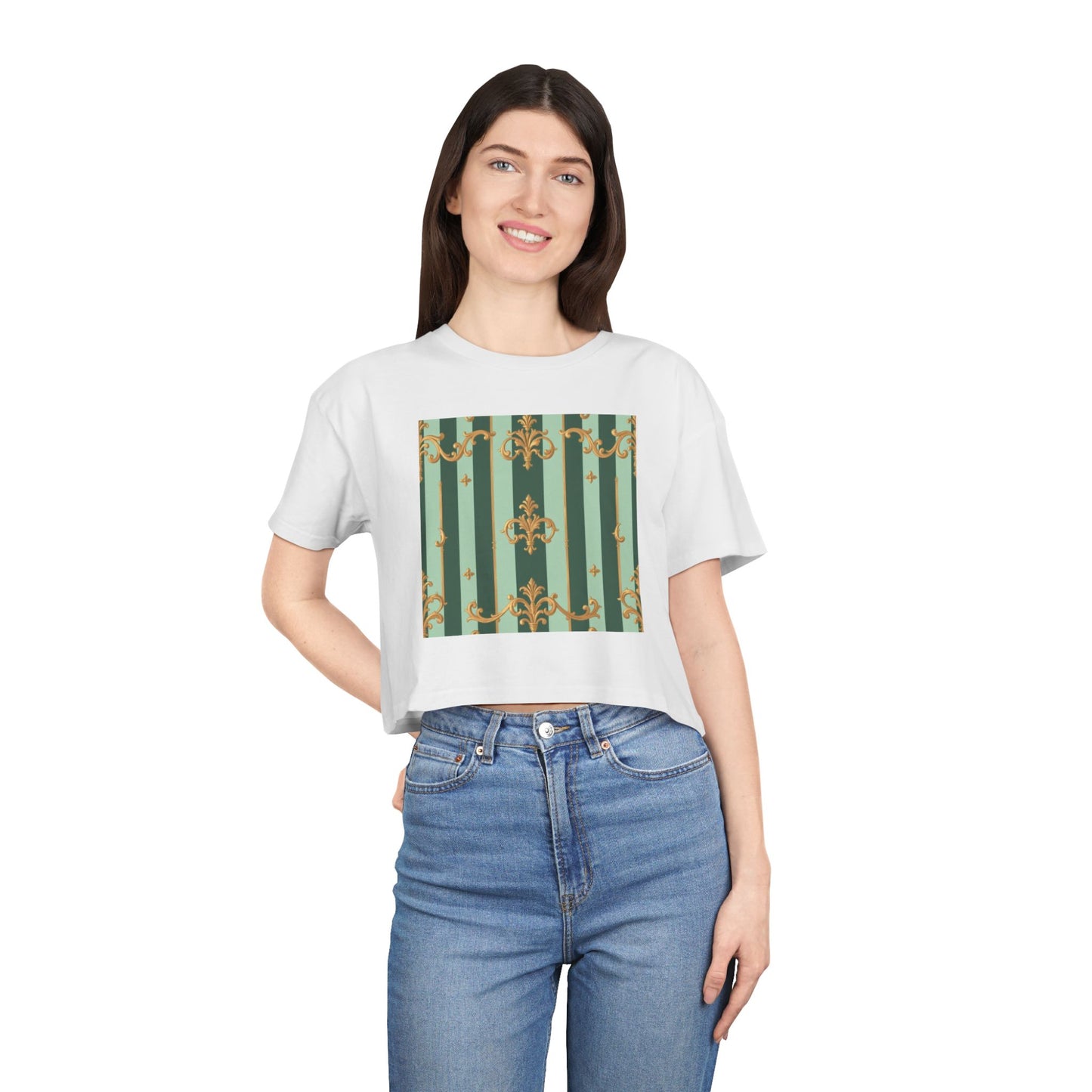 Chic Women's Crop Tee with Elegant Patterns, Fashion Top, Summer Style, Trendy Outfit, Gift for Her - Mint Green & Teal Striped Gold Baroque