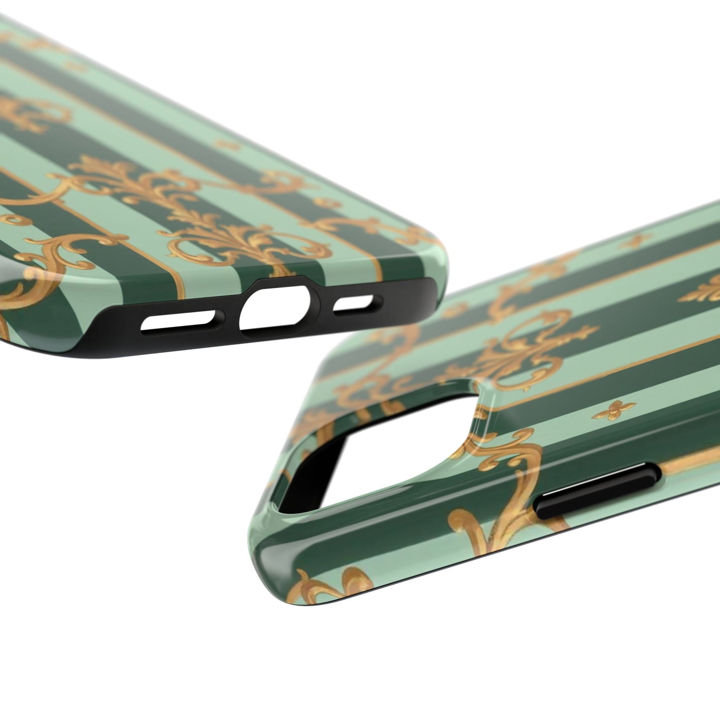 Elegant Floral Tough Phone Cases | Stylish Phone Protection, Gift for Her, Trendy Accessory, Unique Decor - Mint Green & Teal Striped Gold Baroque