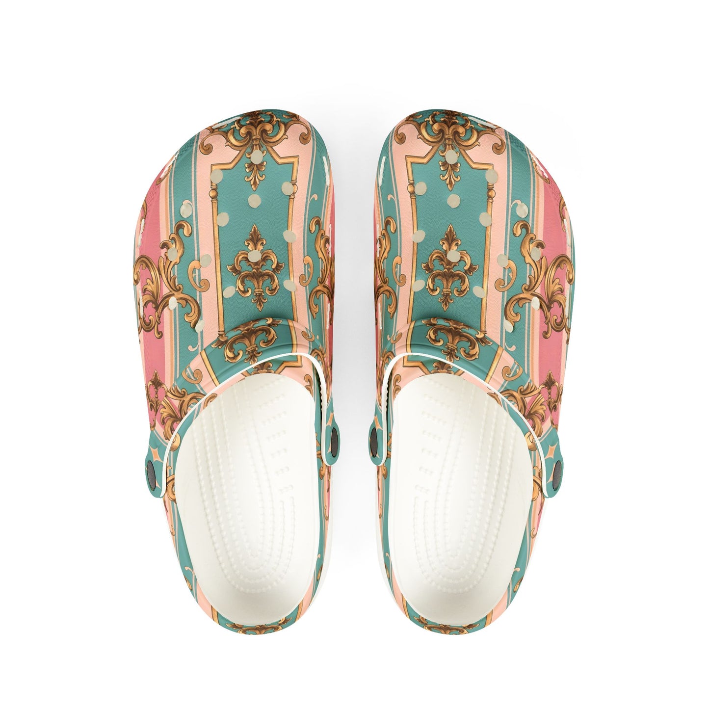 Fashionable AOP EVA Foam Rubber Shoes, Trendy Comfort Footwear, Perfect for Home - Pink & Matte Turquoise Striped Rococo