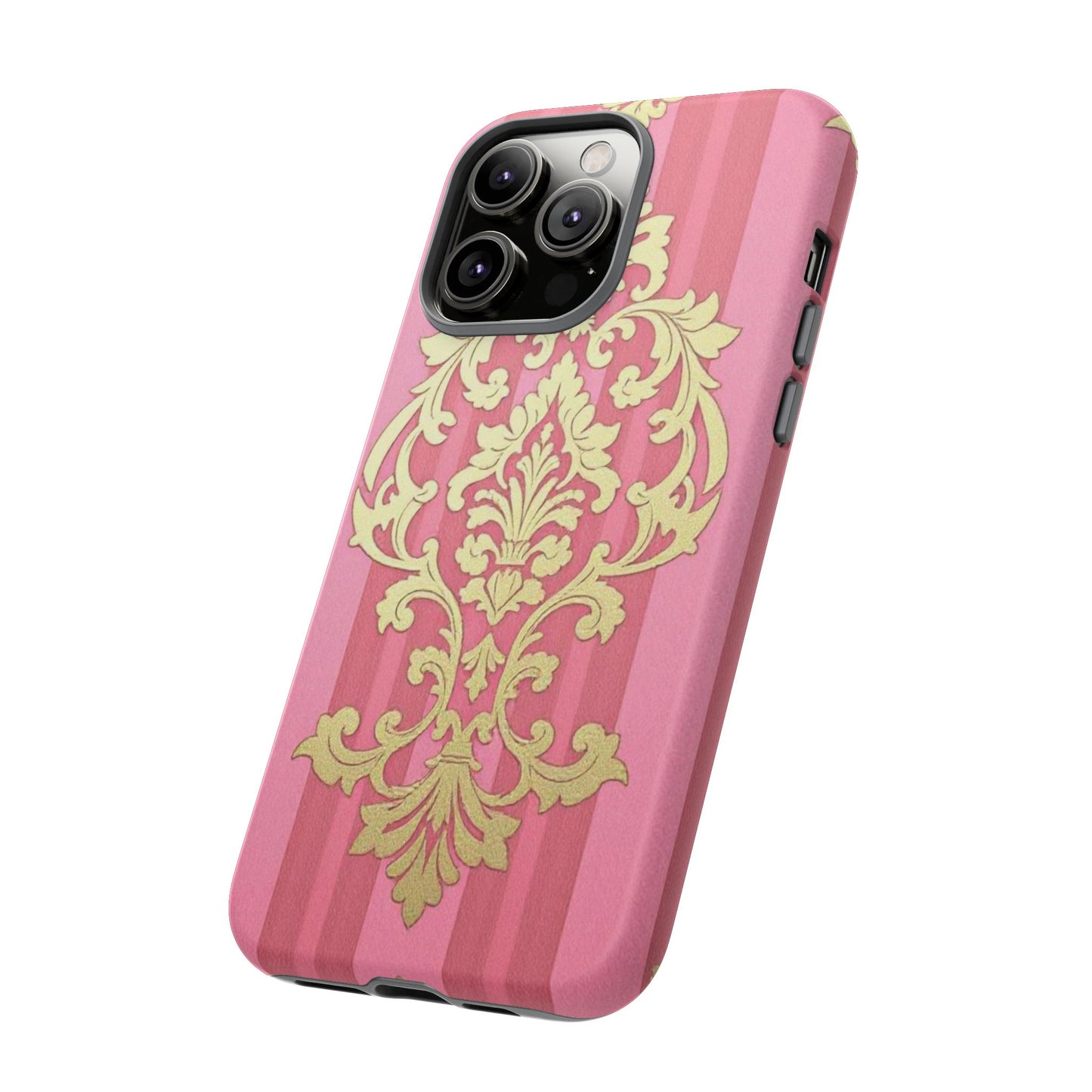 Elegant Floral Motif Phone Case - Tough Cases with Vintage Design - Pink Striped Damask