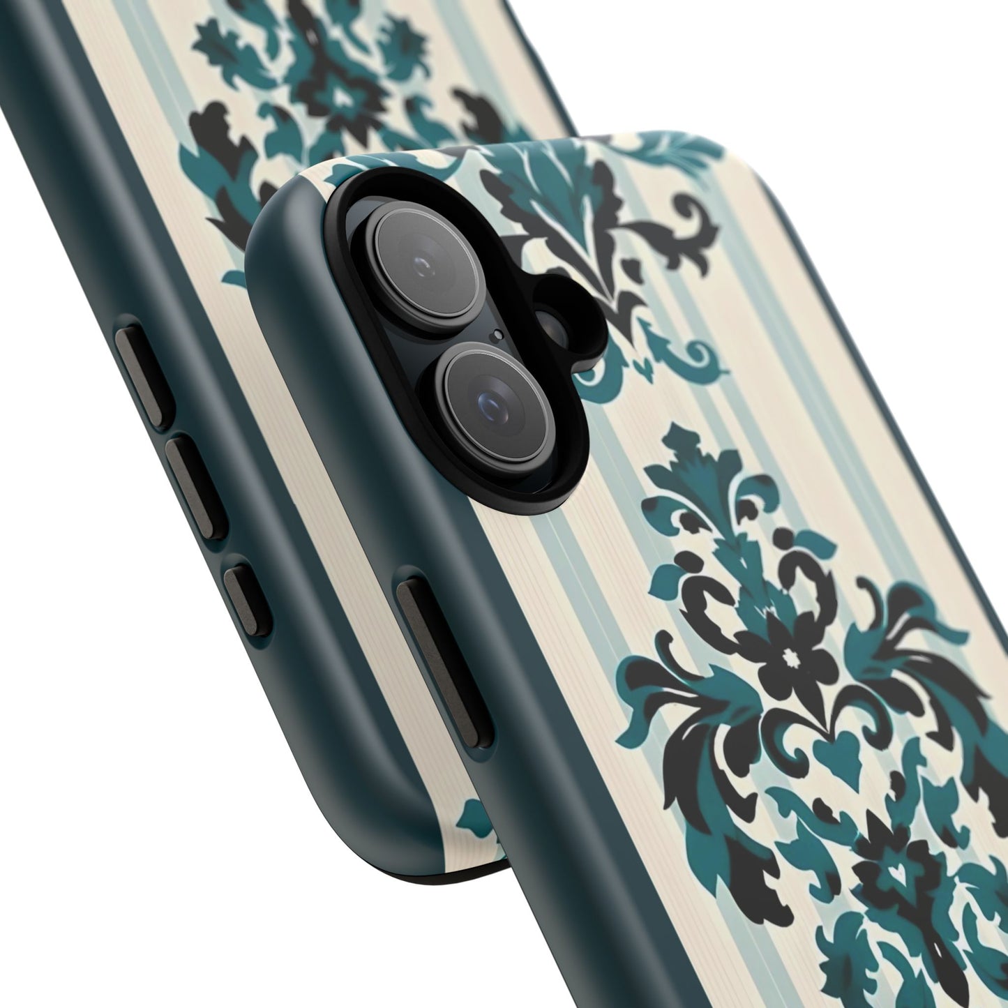 Elegant Floral Phone Case - Tough Cases with Vintage Design - Teal Striped Damask