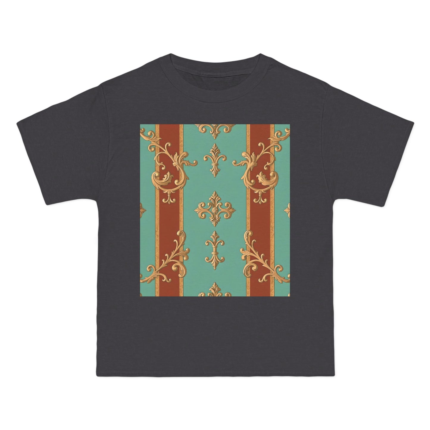 Elegant Vintage Patterned T-Shirt | Vintage Style Tee, Casual Wear, Retro Aesthetic - Rust & Mint Aqua Striped Baroque