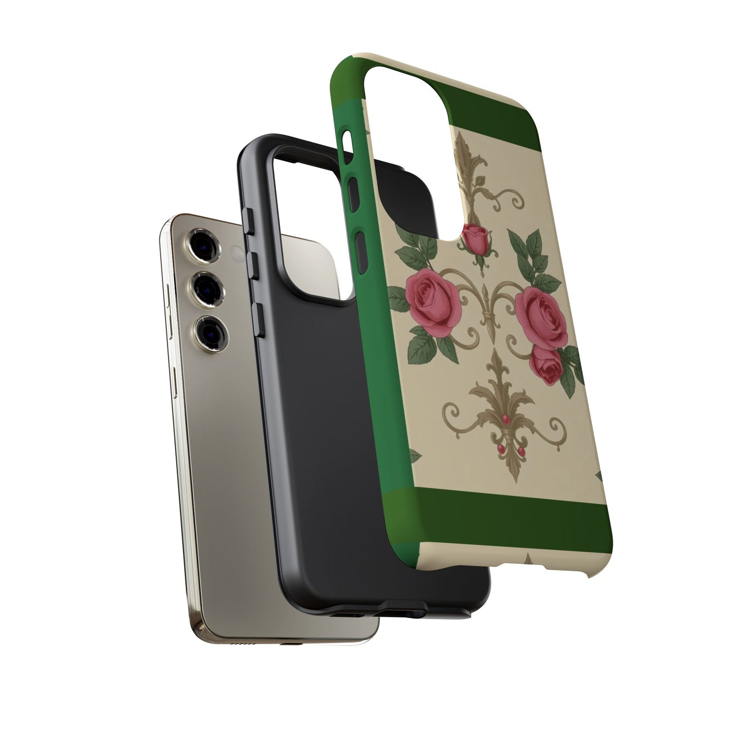 Elegant Floral Motif Phone Case - Tough Cases with Vintage Design - Green Border Roses & Damask