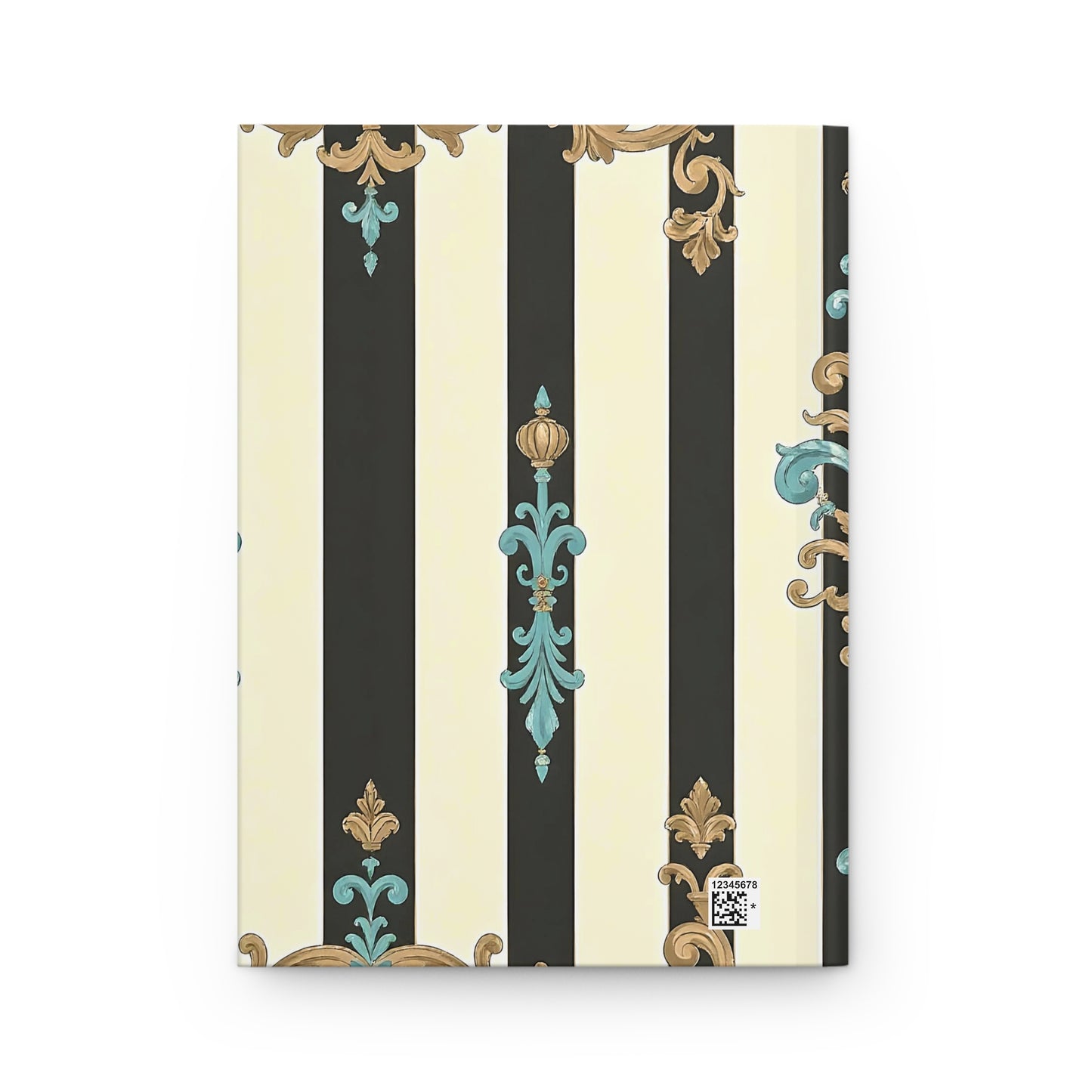 Elegant Striped Hardcover Journal, Stylish Notebook, Floral Pattern, Gift for Writers, Journal for Women - Black Striped Turquoise & Black Rococo