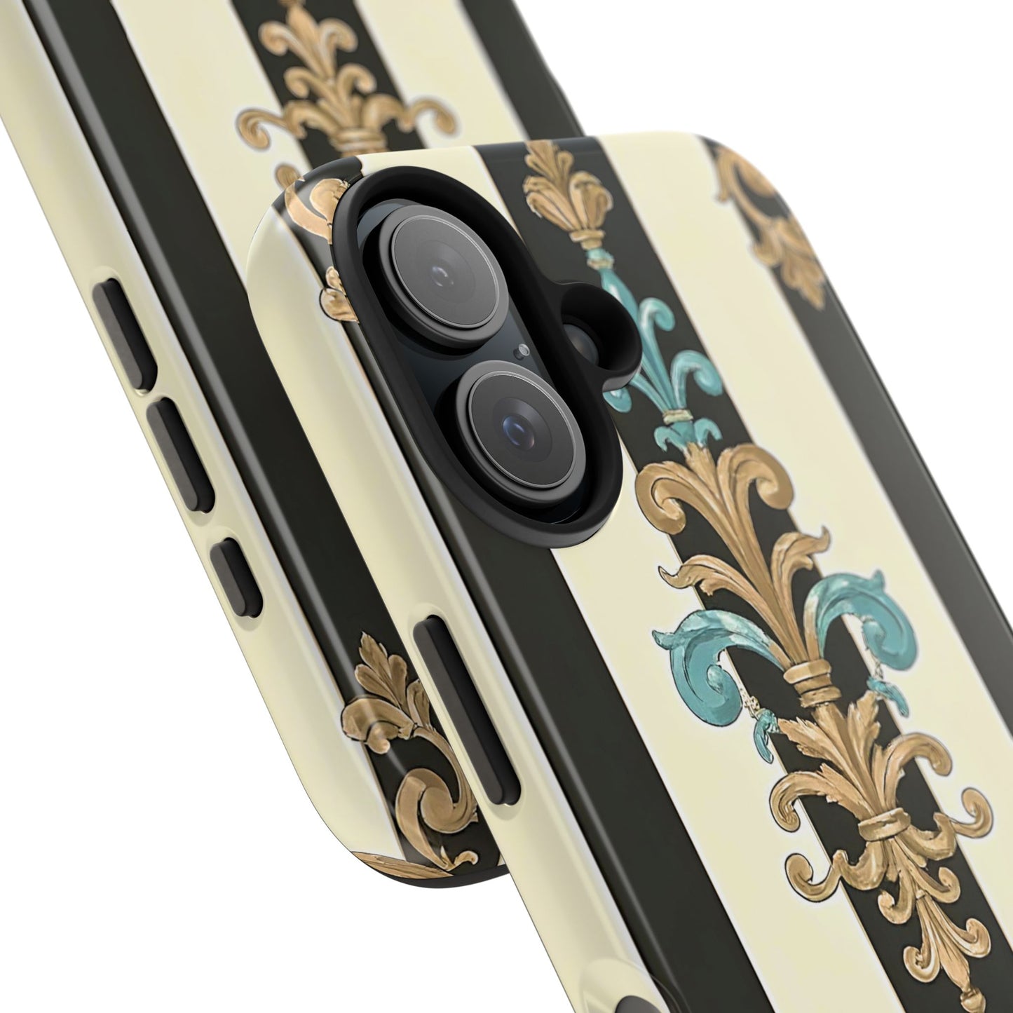 Elegant Vintage Tough Phone Cases, Stylish Phone Accessories, Quality Protection, Gifts for Her - Black Striped Turquoise & Black Rococo