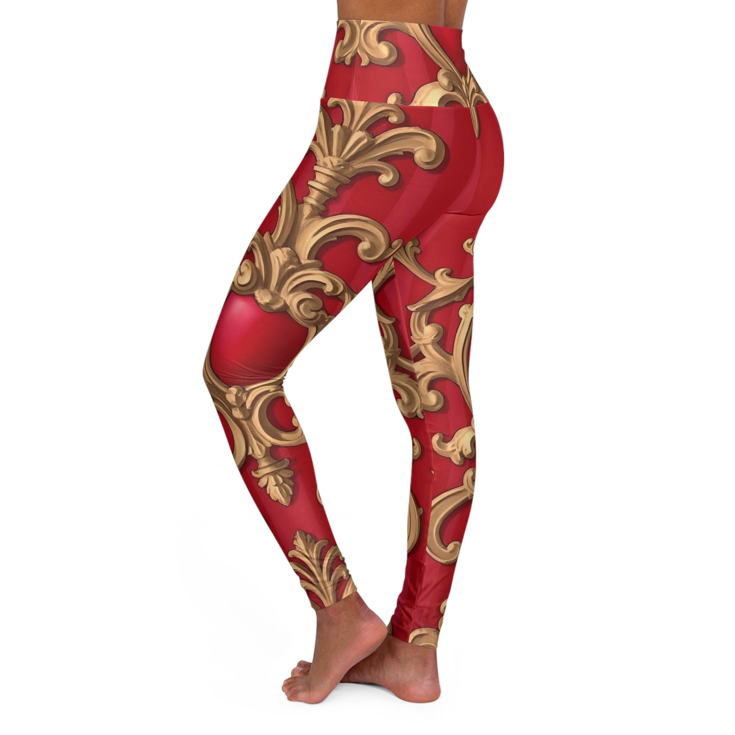 Elegant Red Baroque High Waisted Yoga Leggings - Stylish Activewear, Workout Leggings, Fitness Apparel, Fashion Yoga Pants, Unique Legging Design