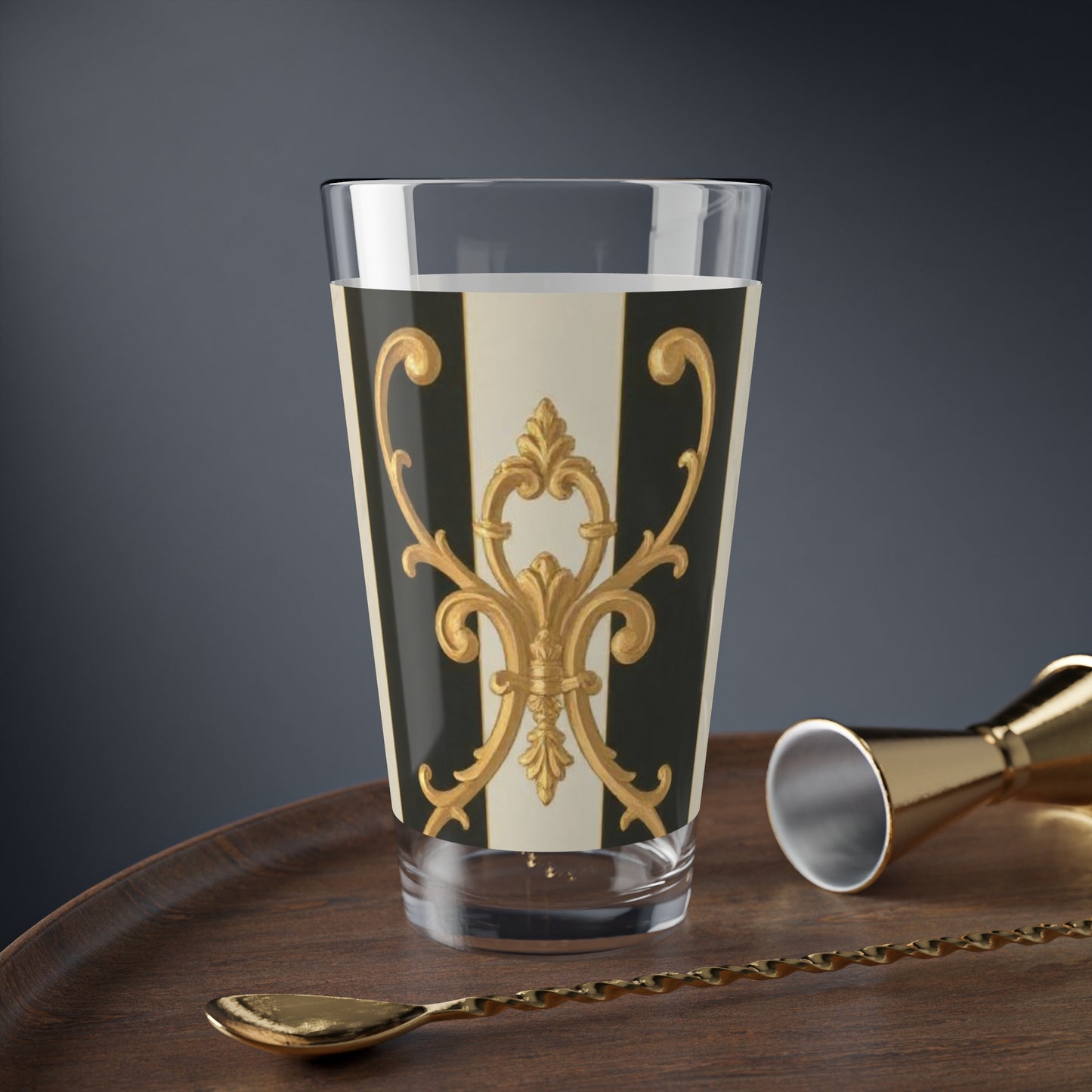 Elegant Black & Alabaster Striped Baroque Mixing Glass - 16oz, Artisanal Cocktail Glass, Perfect Gift for Home Bartenders, Vintage Style Drinkware