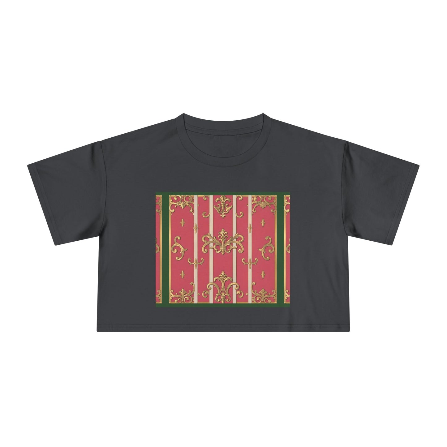 Chic Green Border Pink Striped Baroque Women's Crop Tee - Vintage Style Shirt for Casual Outings, Holidays, Gift Ideas, Spring Fashion, Trendy Top