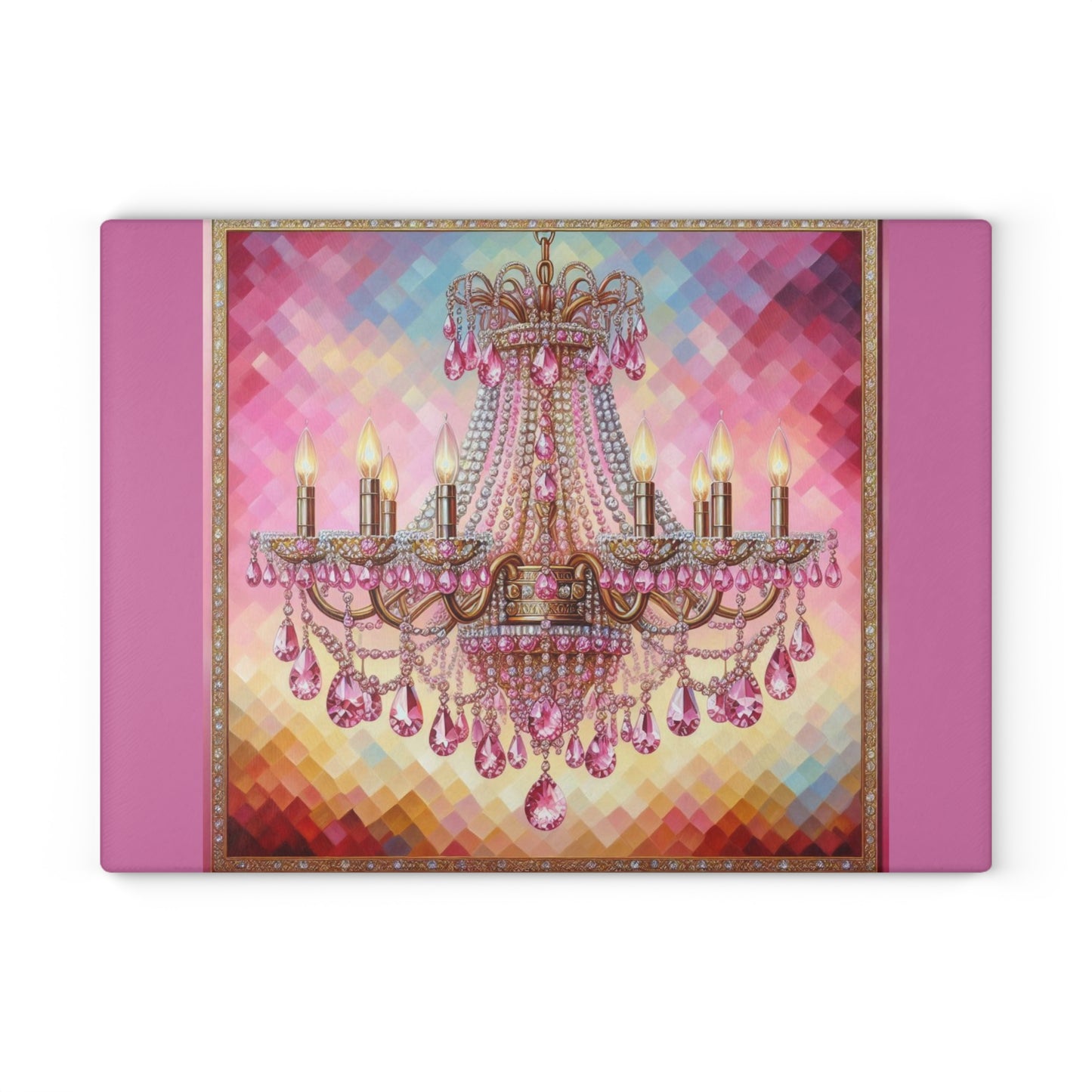 Chic Glass Cutting Board with Elegant Chandelier Design - Kitchen Decor for Entertaining, Housewarming Gift, Wedding - Pink Jeweled Chandelier