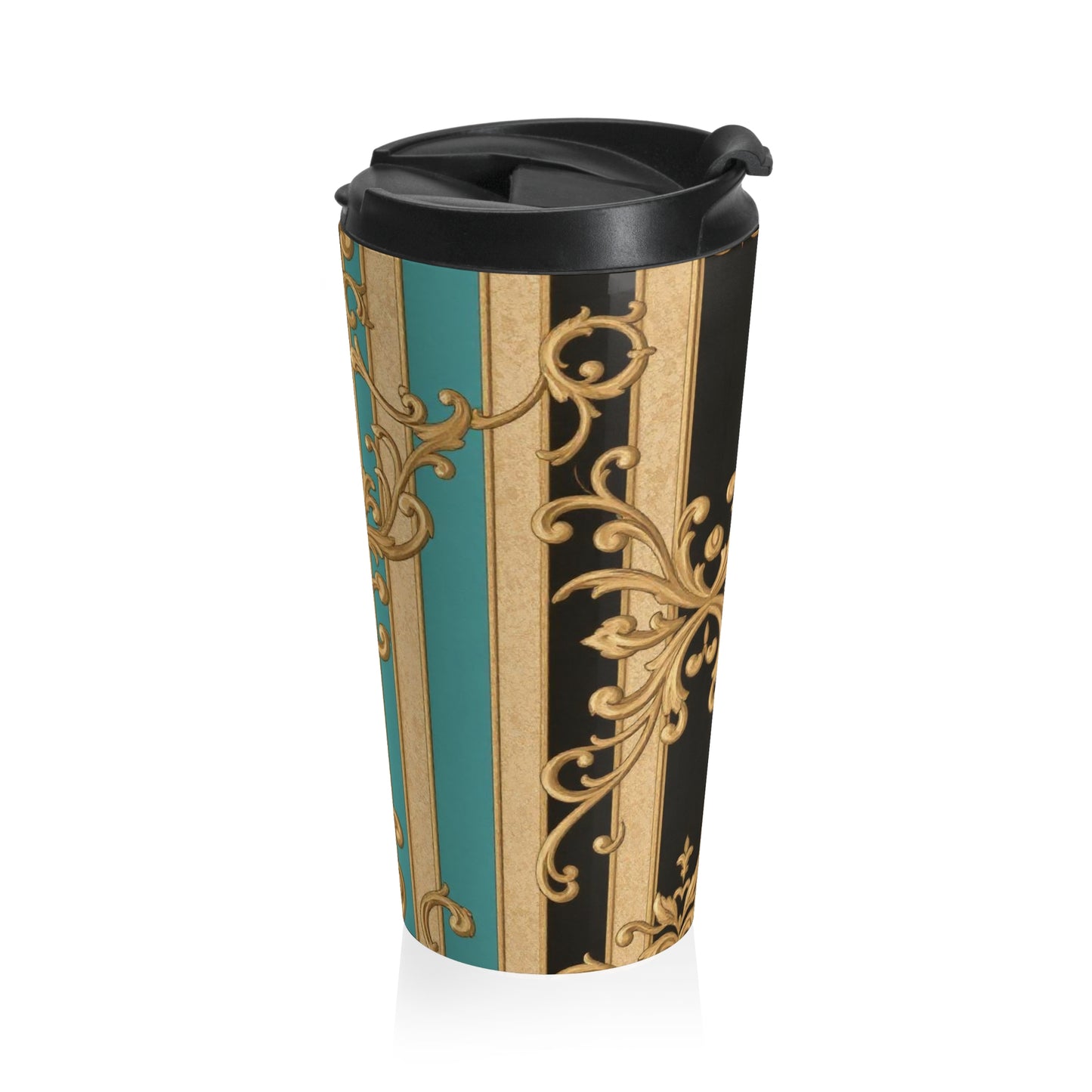 Elegant Black, Tan & Ocean Green Striped Gold Baroque Vintage Floral Stainless Steel Travel Mug | Personalized Travel Cup, Gift for Her