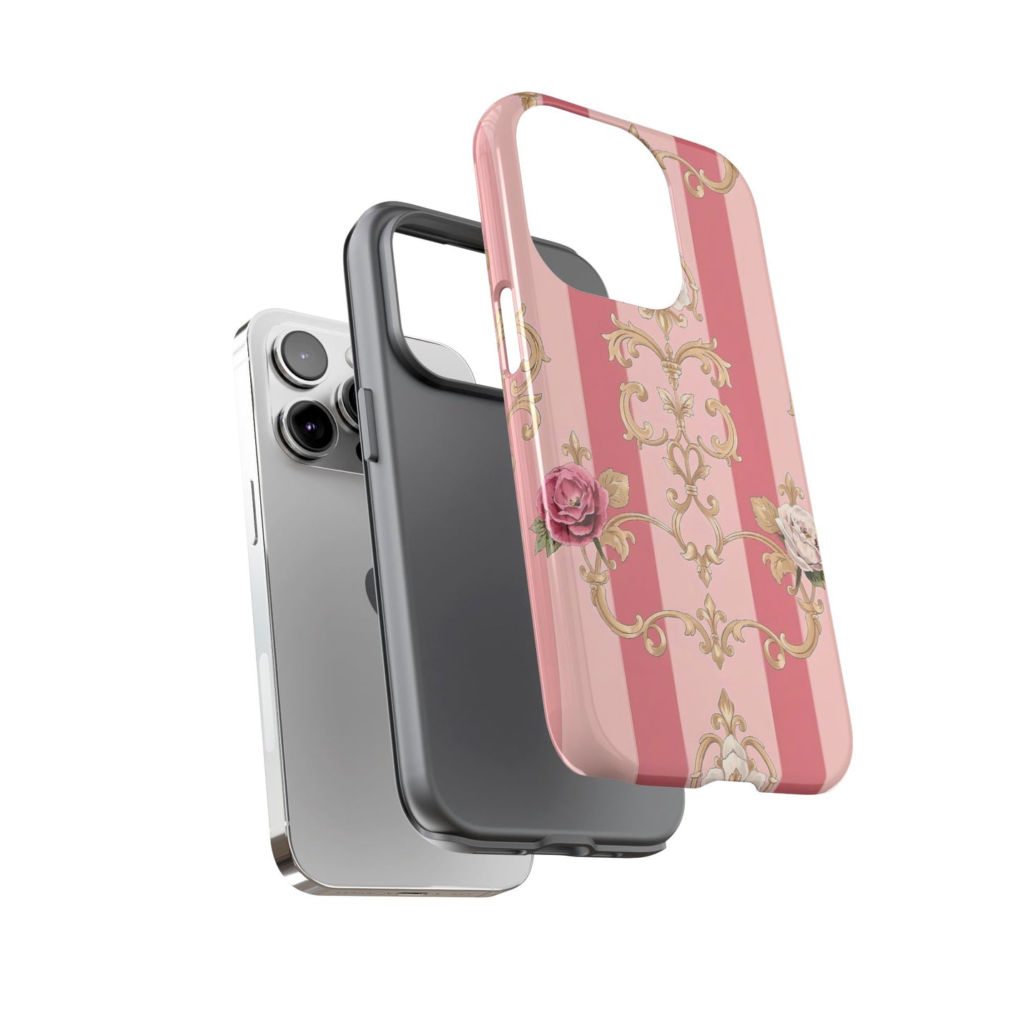 Elegant Floral Motif Phone Case - Tough Cases with Vintage Design - Pink Striped Roses & Damask