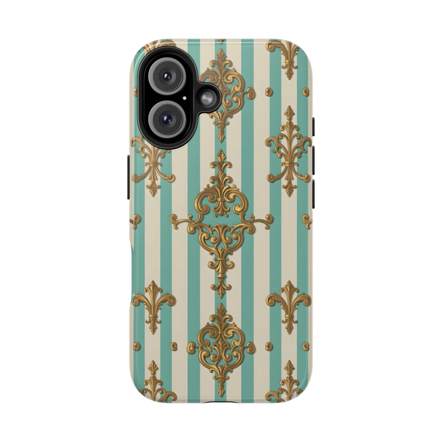 Elegant Striped Phone Case with Vintage Design, Tough Phone Cover, Stylish Smartphone Case - Matte Green Striped Rococo