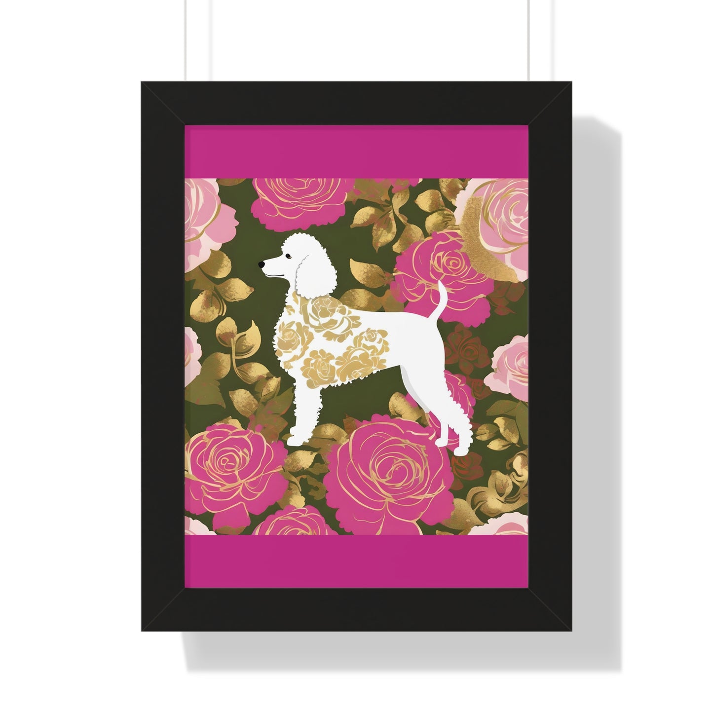 Vertical Poster - Stylish Framed - Art for Home Decor - Damask White Poodle & Pink Roses