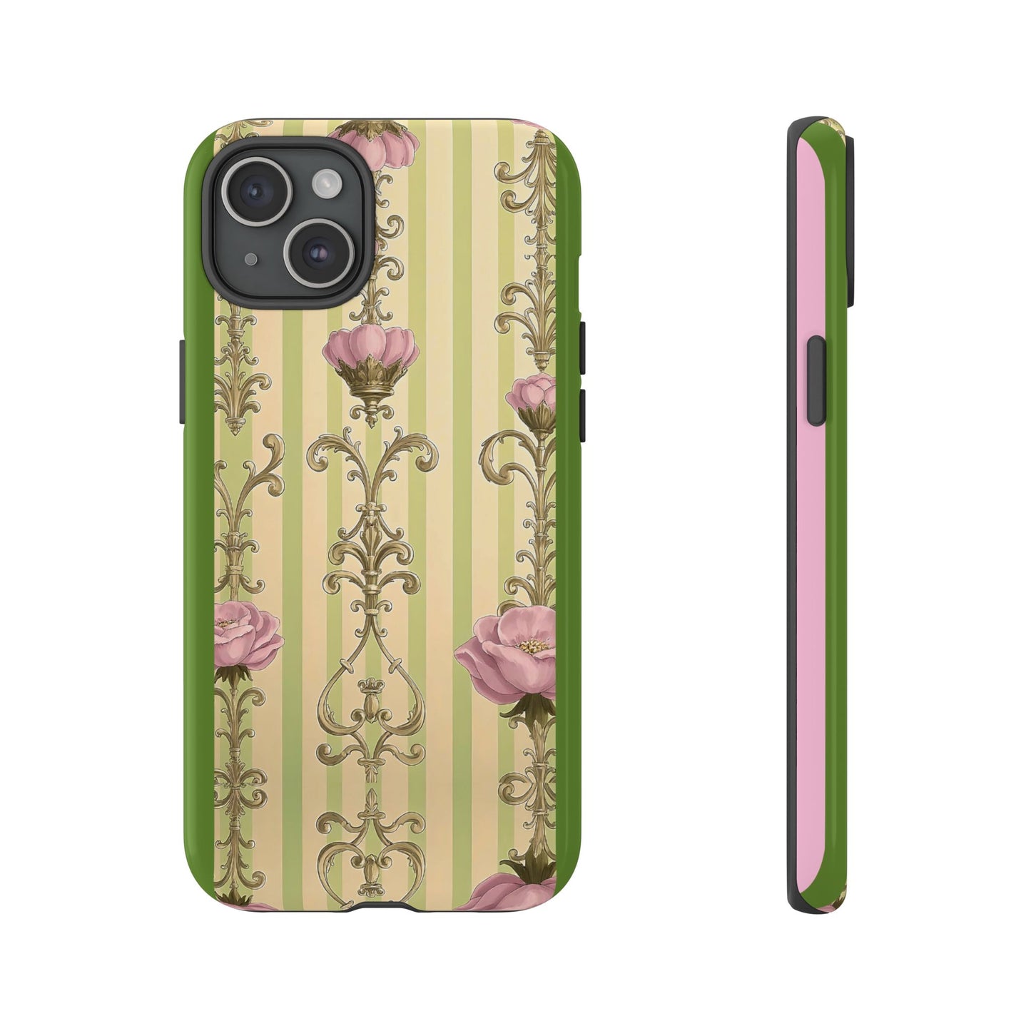 Elegant Floral Motif Phone Case - Tough Cases with Vintage Design - Lime Green & Pink Striped Damask
