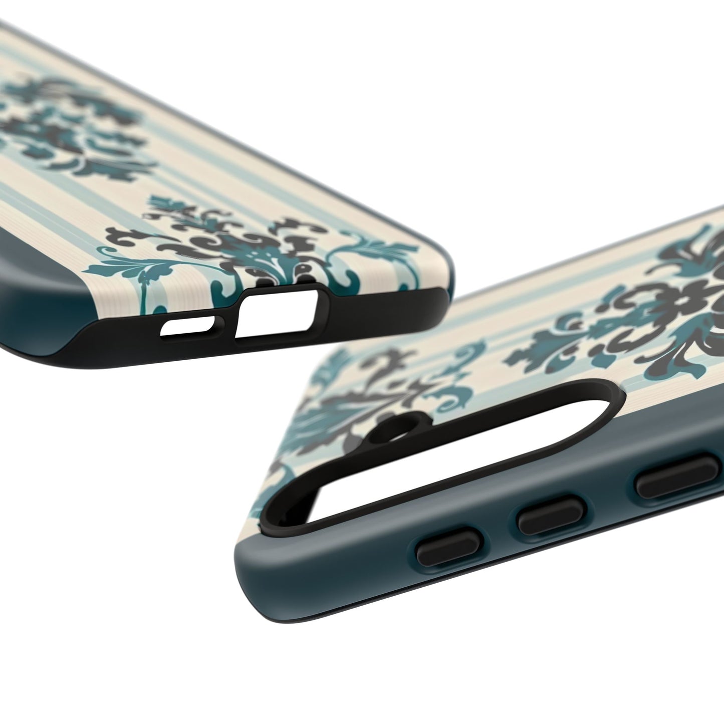 Elegant Floral Phone Case - Tough Cases with Vintage Design - Teal Striped Damask