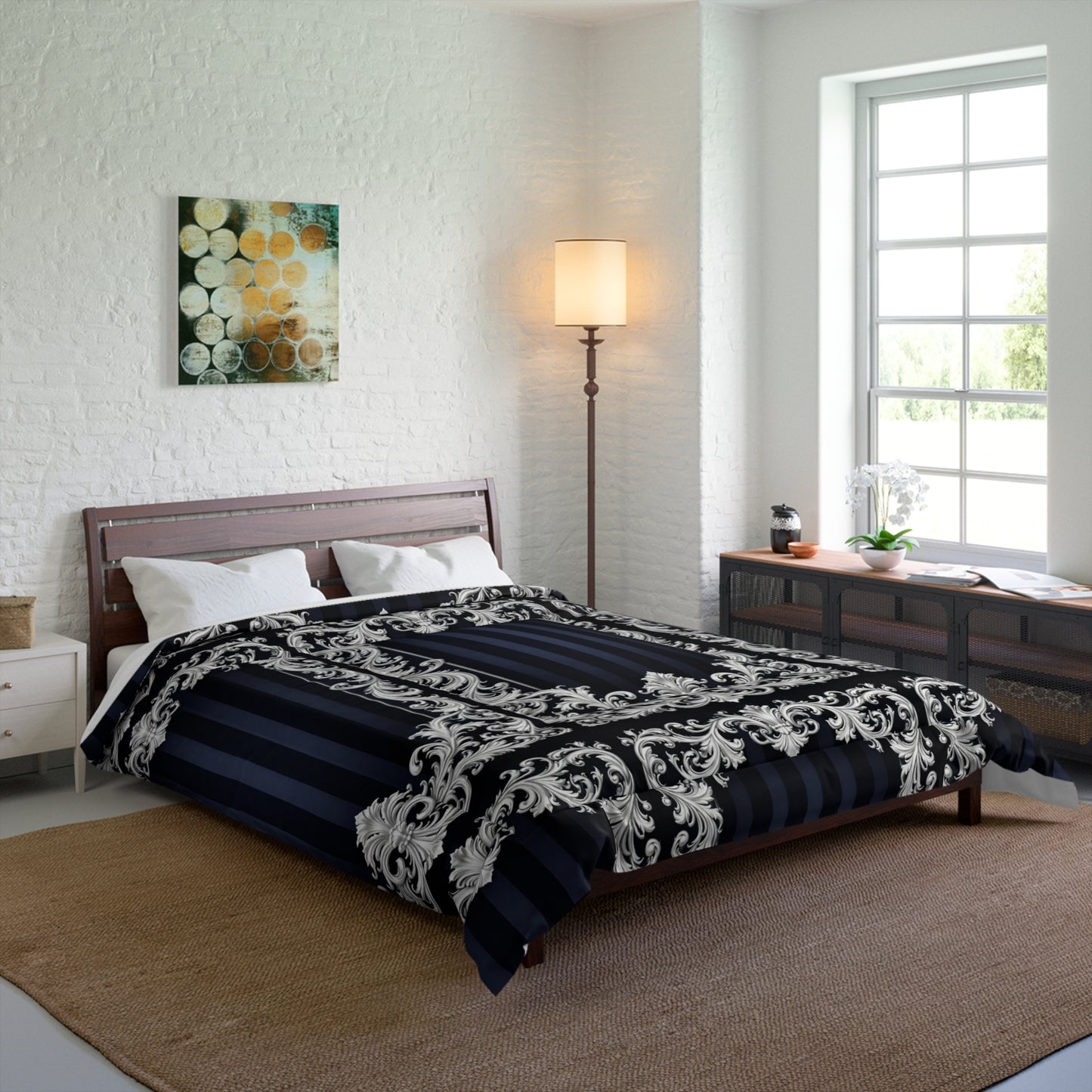Navy Stripes & Baroque Comforter — Navy & Silver Baroque Bedroom Bedding