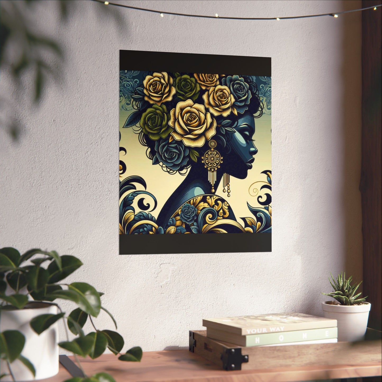 Floral Afro Art Poster - Elegant Matte Vertical Wall Decor - Midnight Blue Lady With Damask & Roses