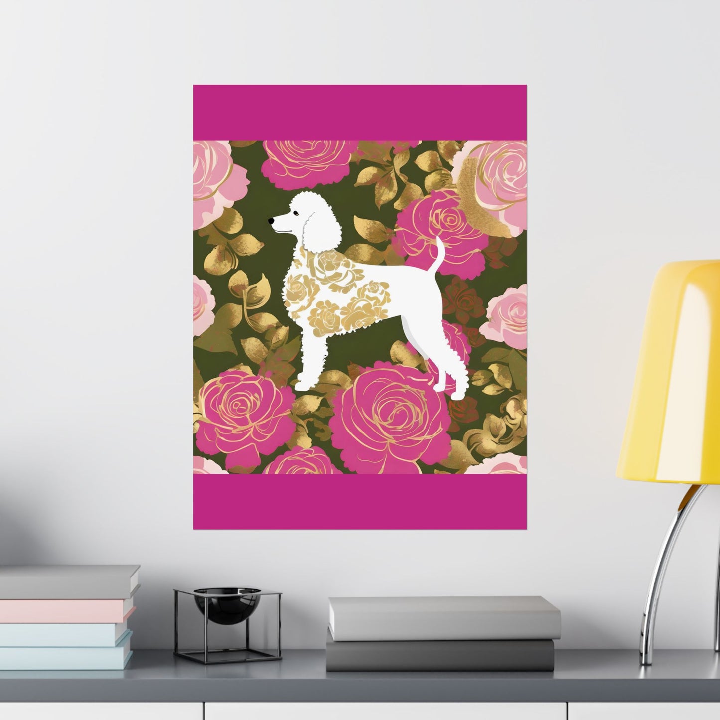 Vertical Poster - Elegant Matte Floral Art Wall Decor - Damask White Poodle and Pink Roses