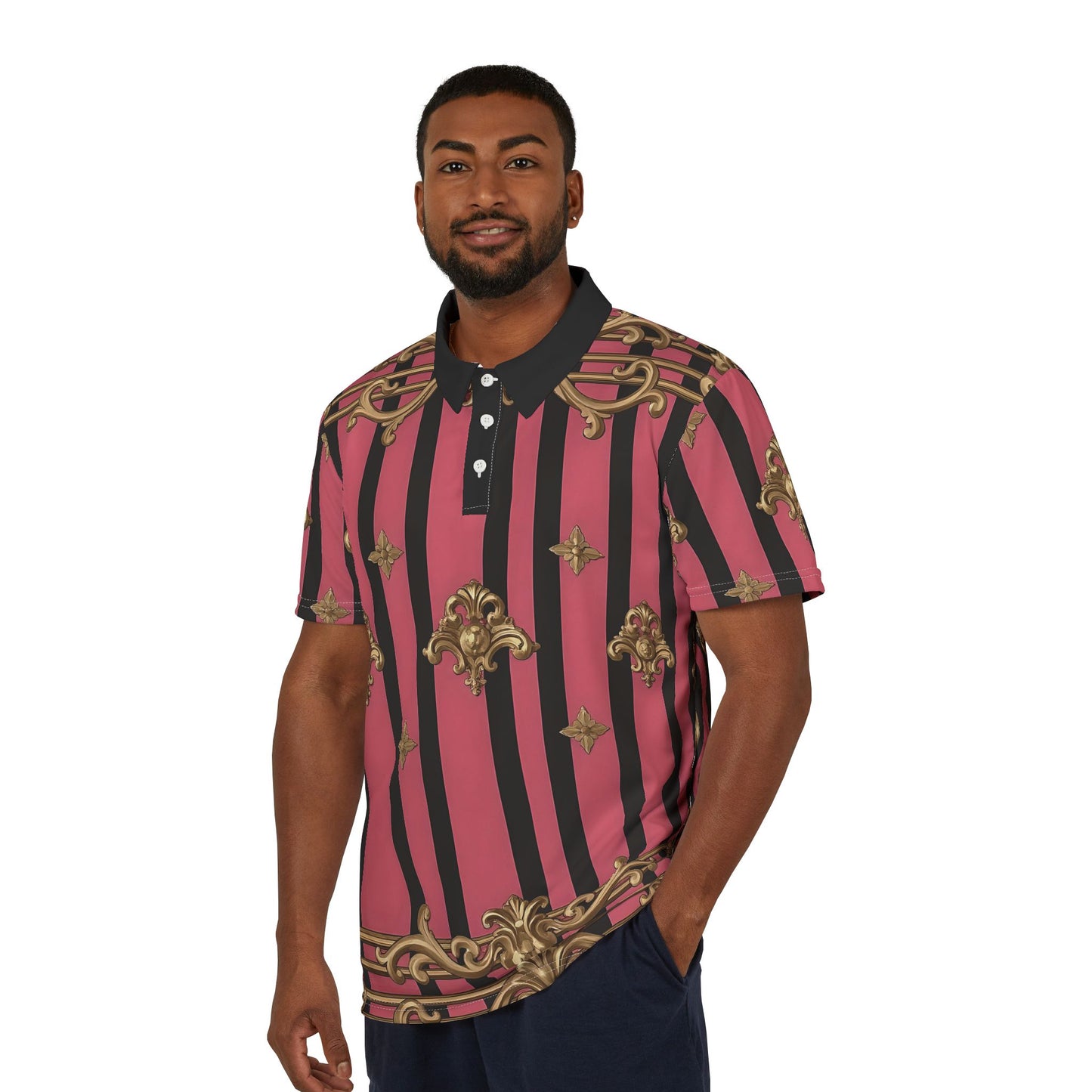 Elegant Striped Unisex Polo Shirt, Stylish Casual Wear, Fashion Gift, Summer Outfit - Pink Striped Gold Rococo