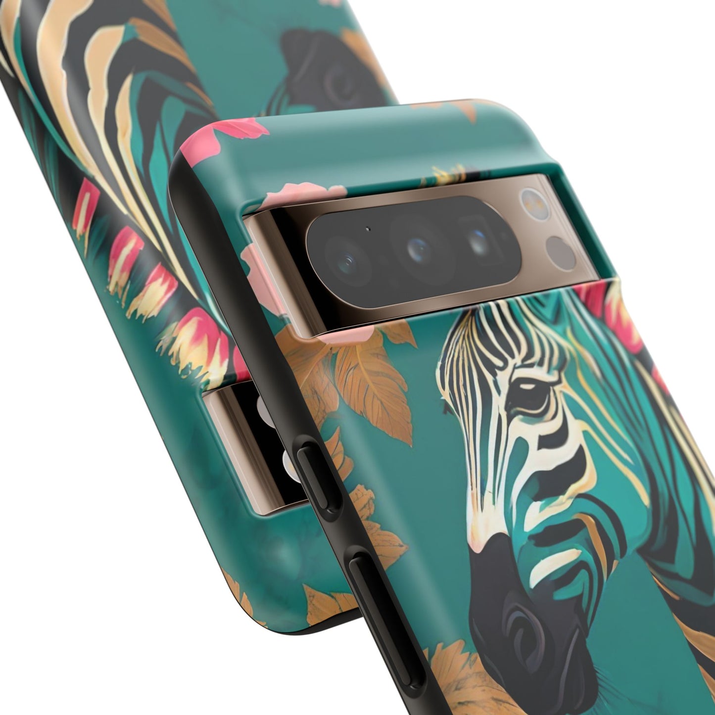 Phone Case - Elegant Teal & Gold Zebra & Roses Design