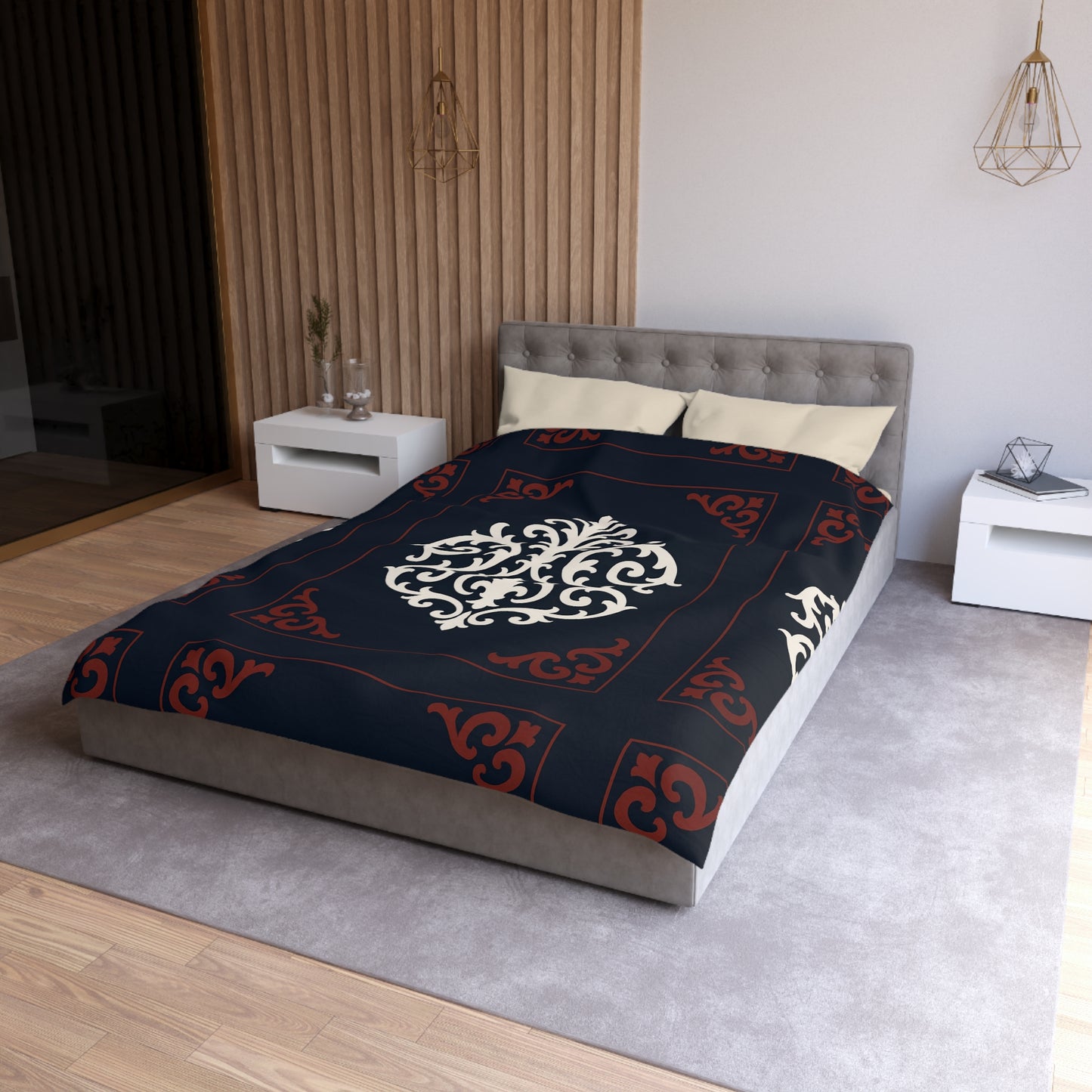 Dusk Blue-Maroon & White Baroque Microfiber Duvet Cover — Dusk Blue & White Decorative Bedding