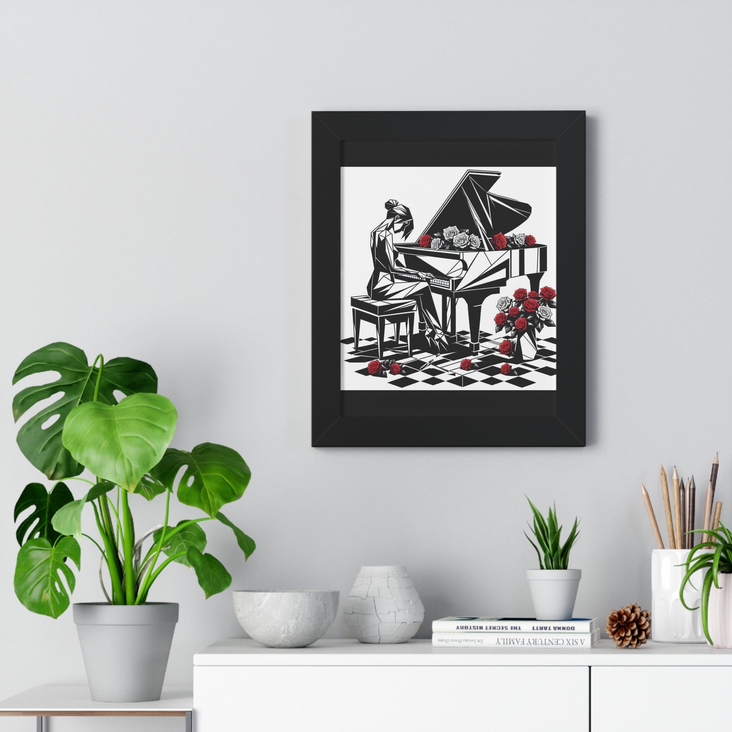 Vertical Poster - Black & White Grand Piano & Red Roses Wall Art