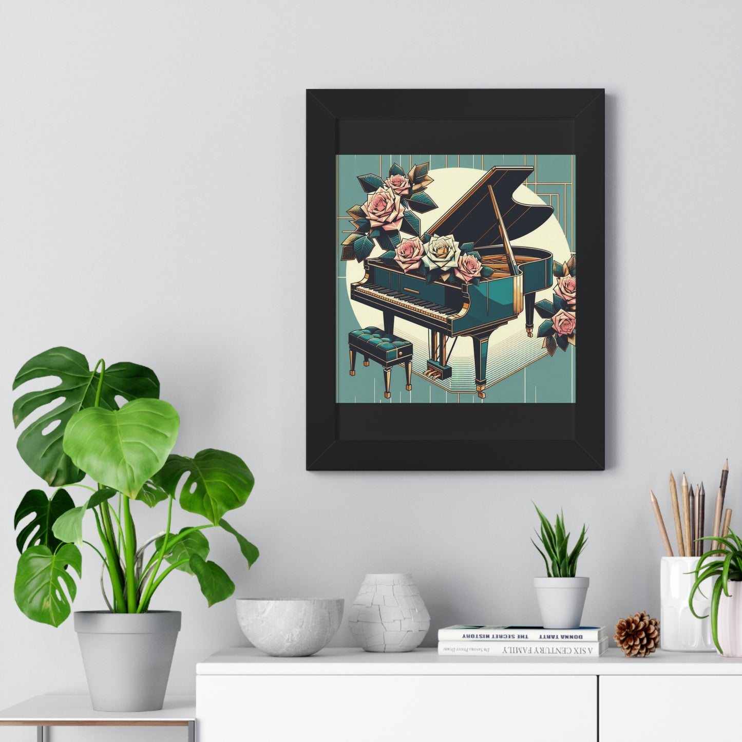 Vertical Poster - Teal Grand Piano & Roses Wall Art