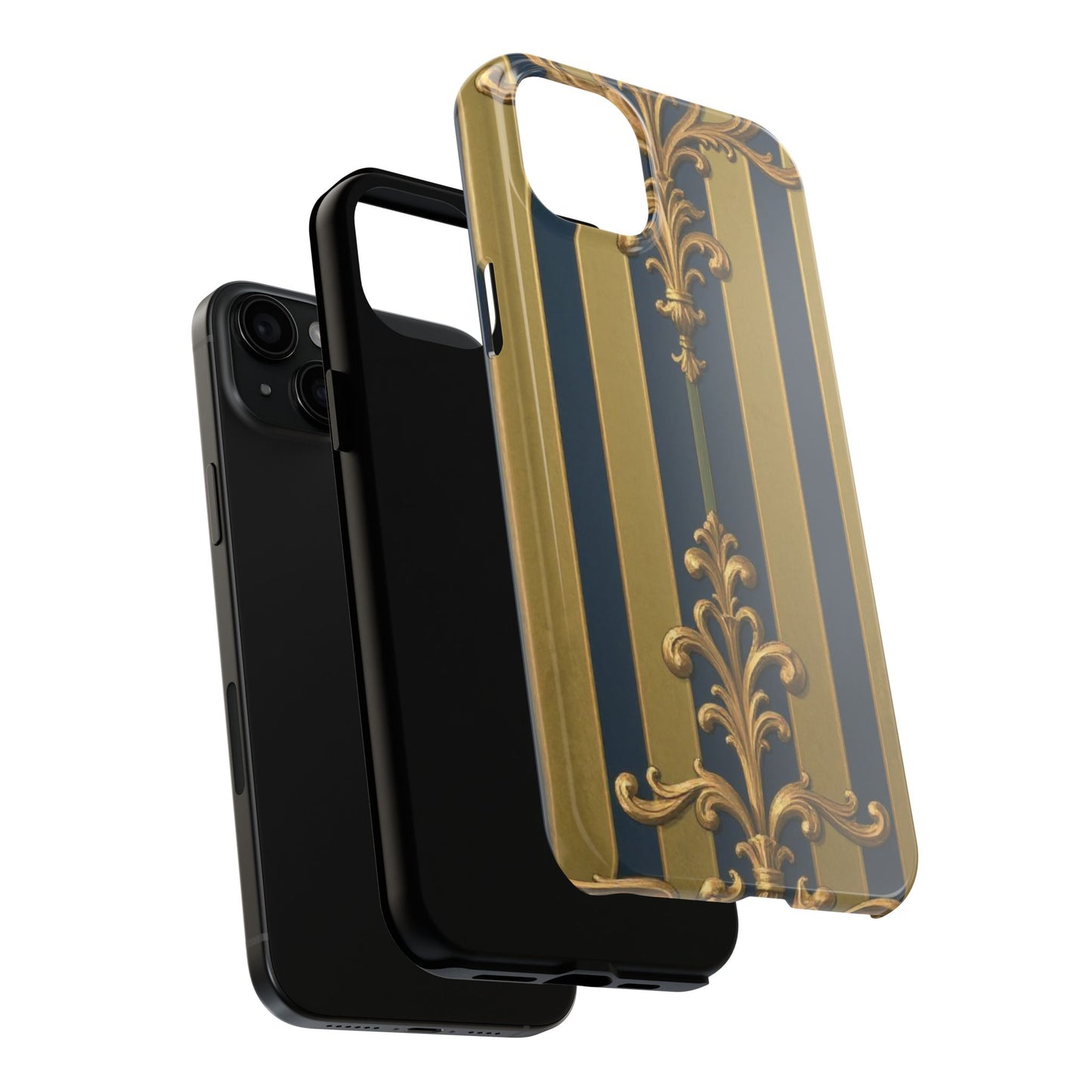 Elegant Midnight Blue & Olive Striped Gold Baroque Tough Phone Case, Phone Cover, Durable Case for Protection, Stylish Gift for Him/Her