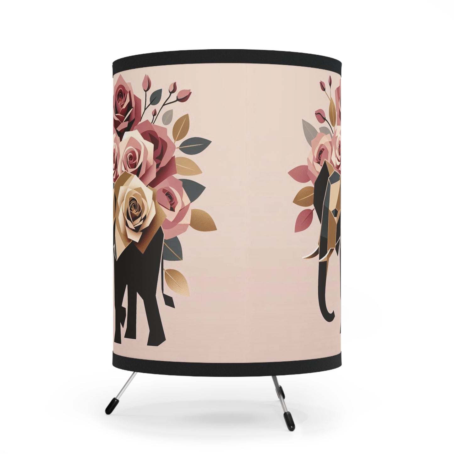 Boho Elephant Tripod Lamp with Floral Design - High-Res Printed Shade -  Black & Gold Elephant & Roses Design
