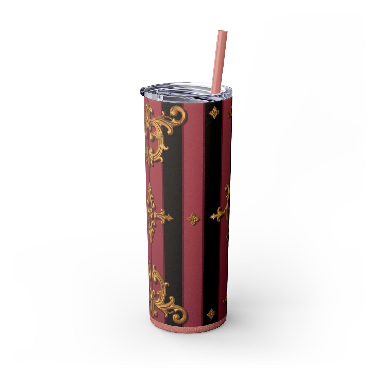 Elegant Black & Mauve Striped Gold Baroque Striped Skinny Tumbler with Straw, 20oz | Vintage Gold Accent Drinkware, Wedding Gift, Party Favor, Travel Mug